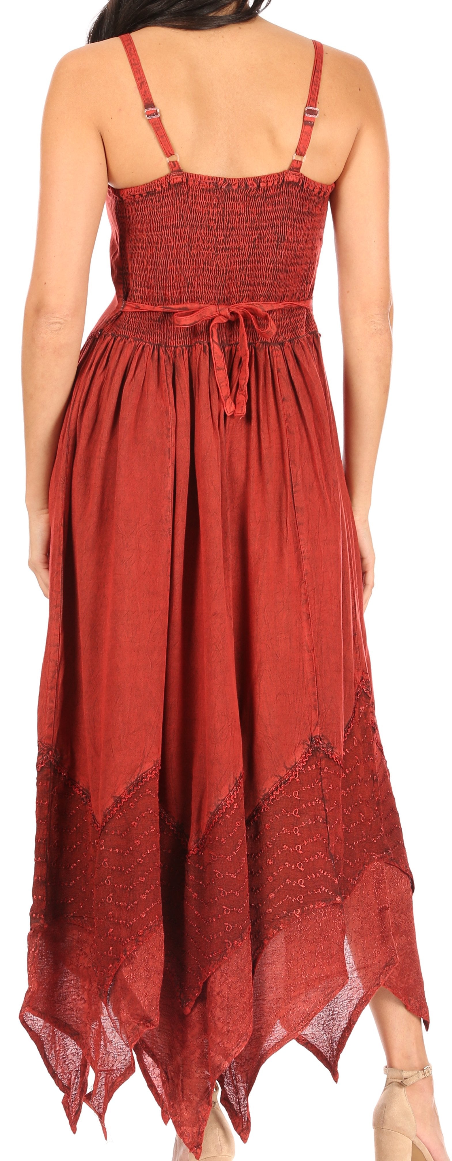 Red dress with thin straps and lace details on a white background