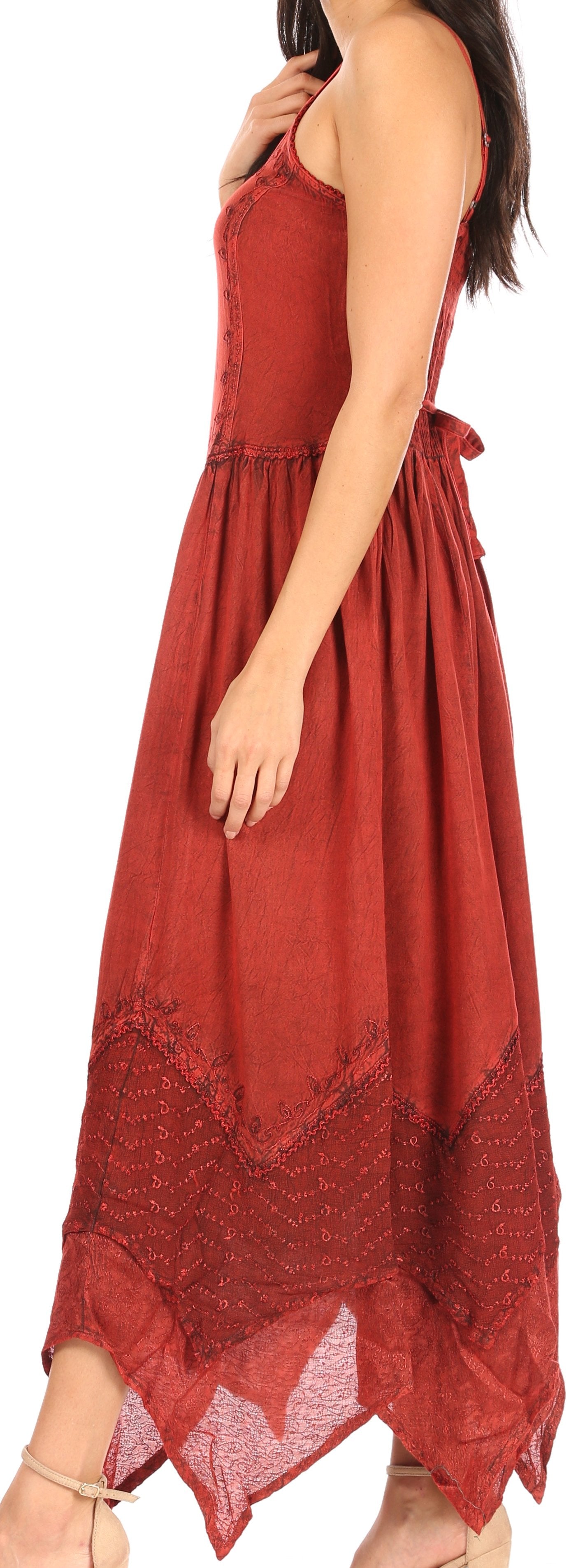 Red dress with lace details on a white background