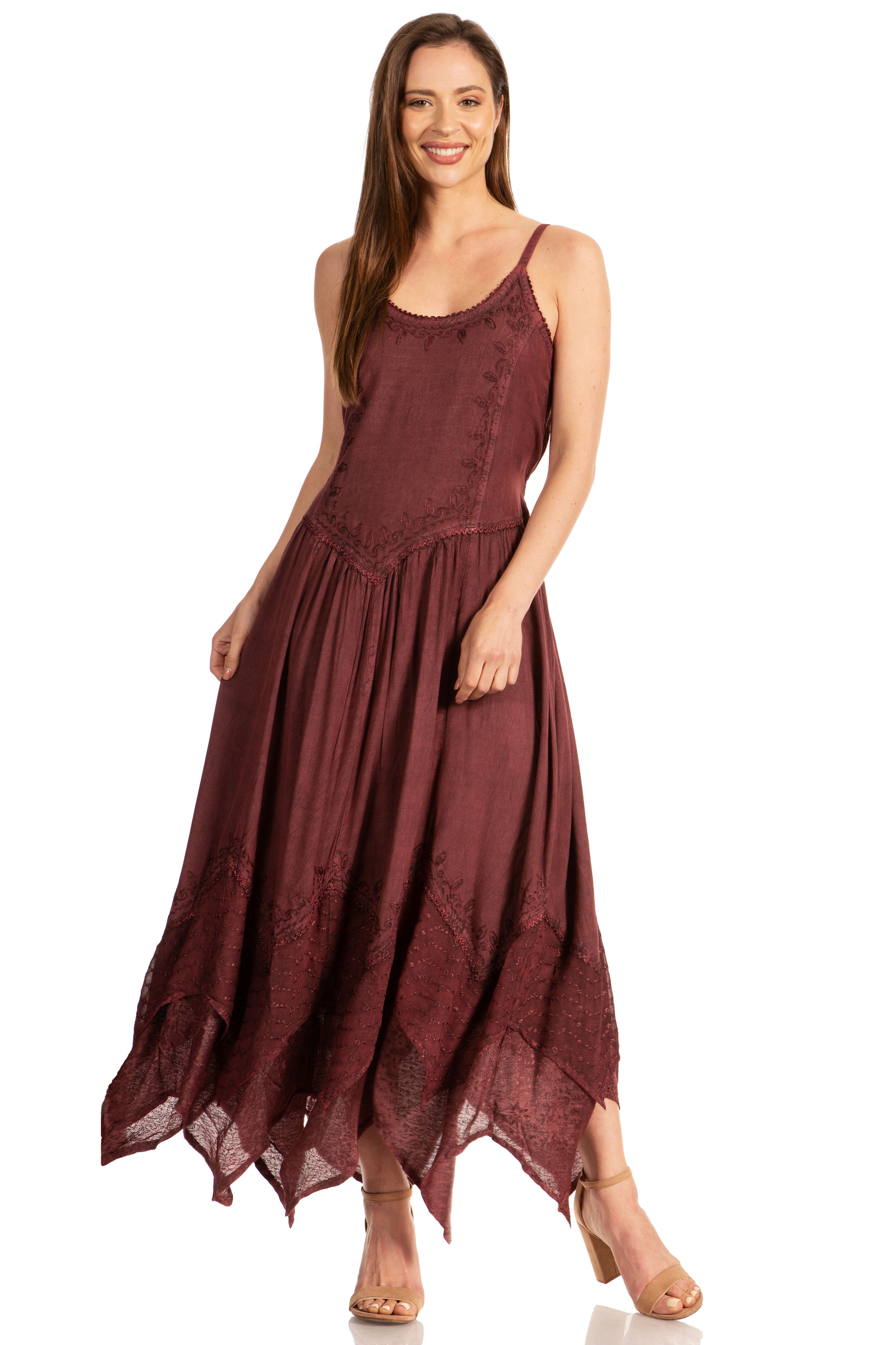 Woman wearing a burgundy sleeveless dress on a white background