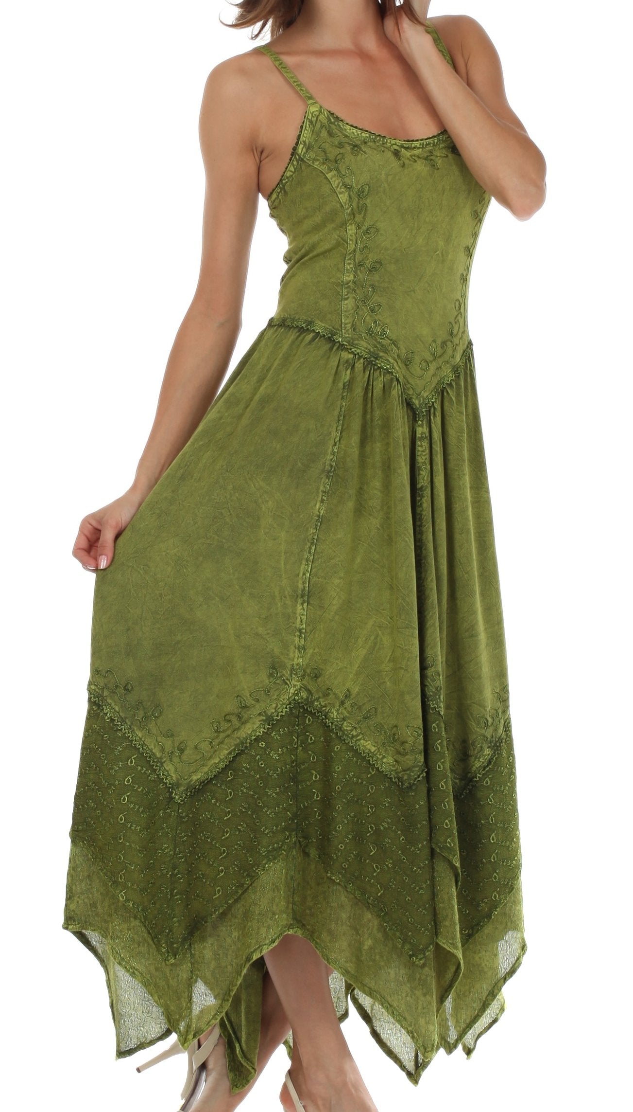 Green dress with lace details on a white background