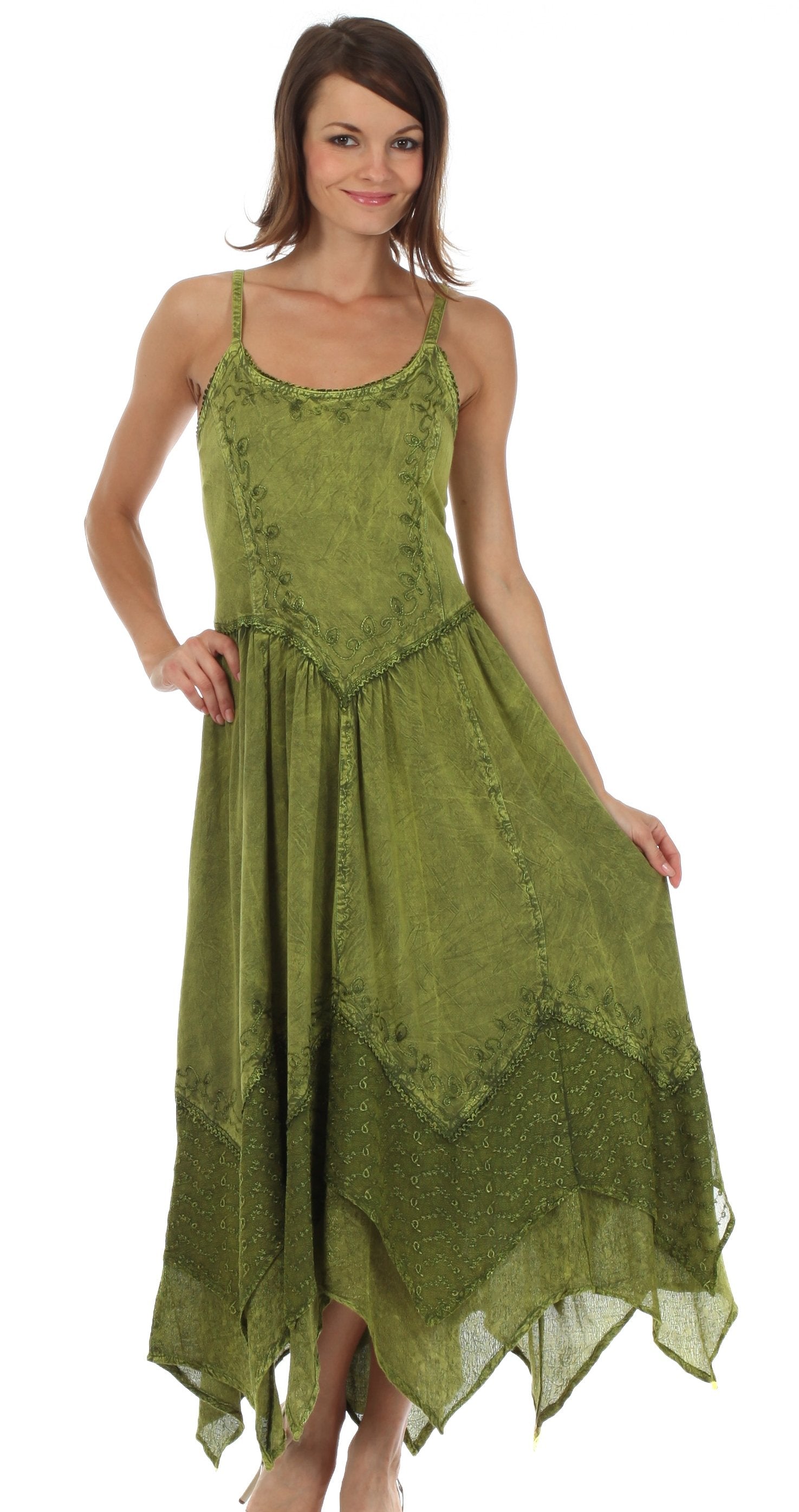 Woman wearing a green dress on a white background