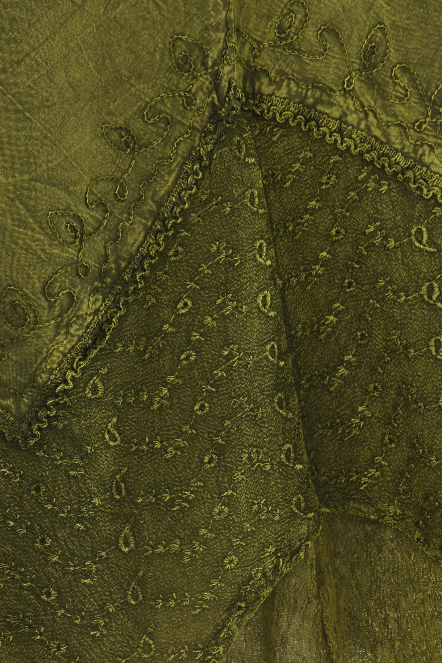 Close-up of a green textured fabric with intricate patterns