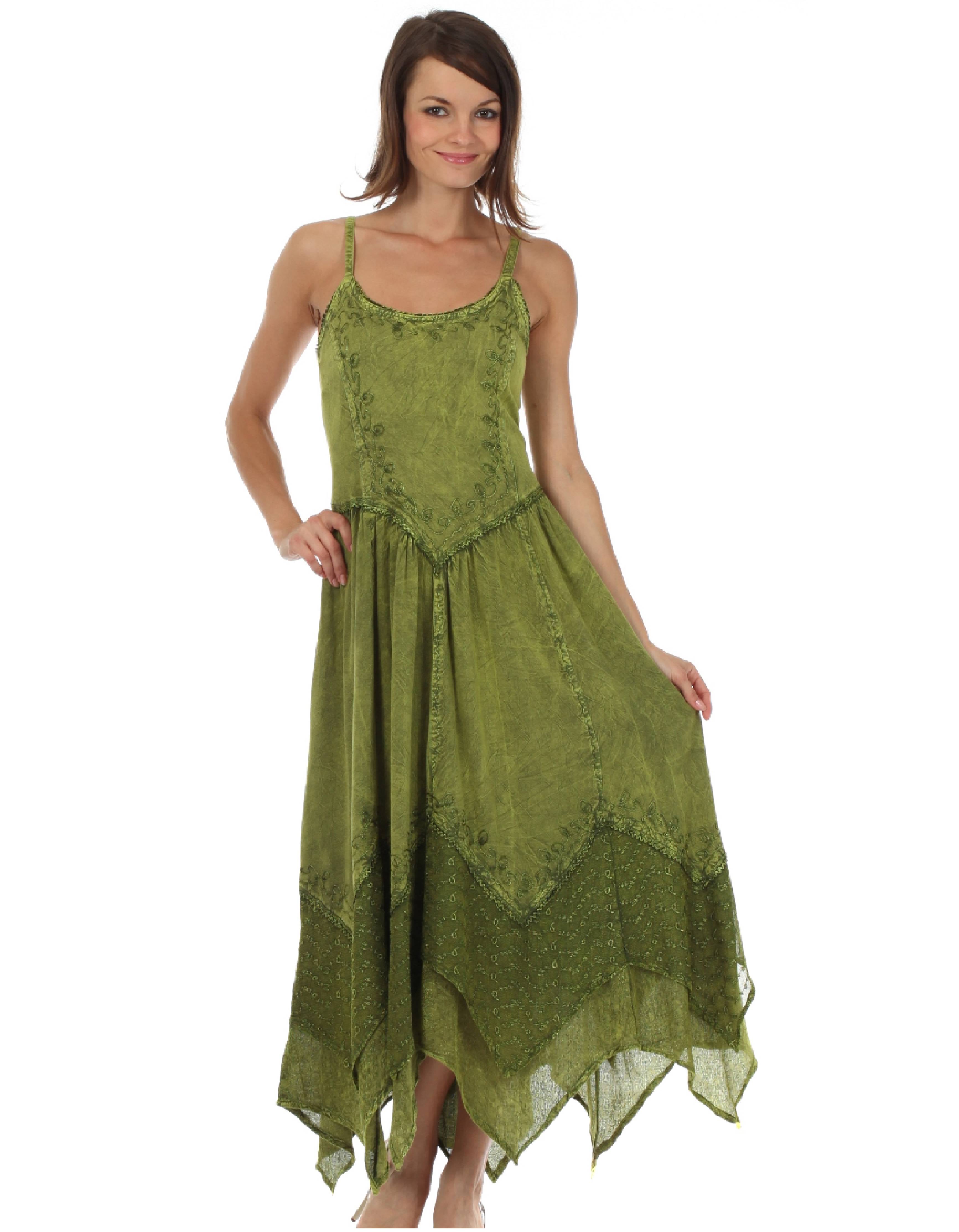 Woman wearing a green dress on a white background