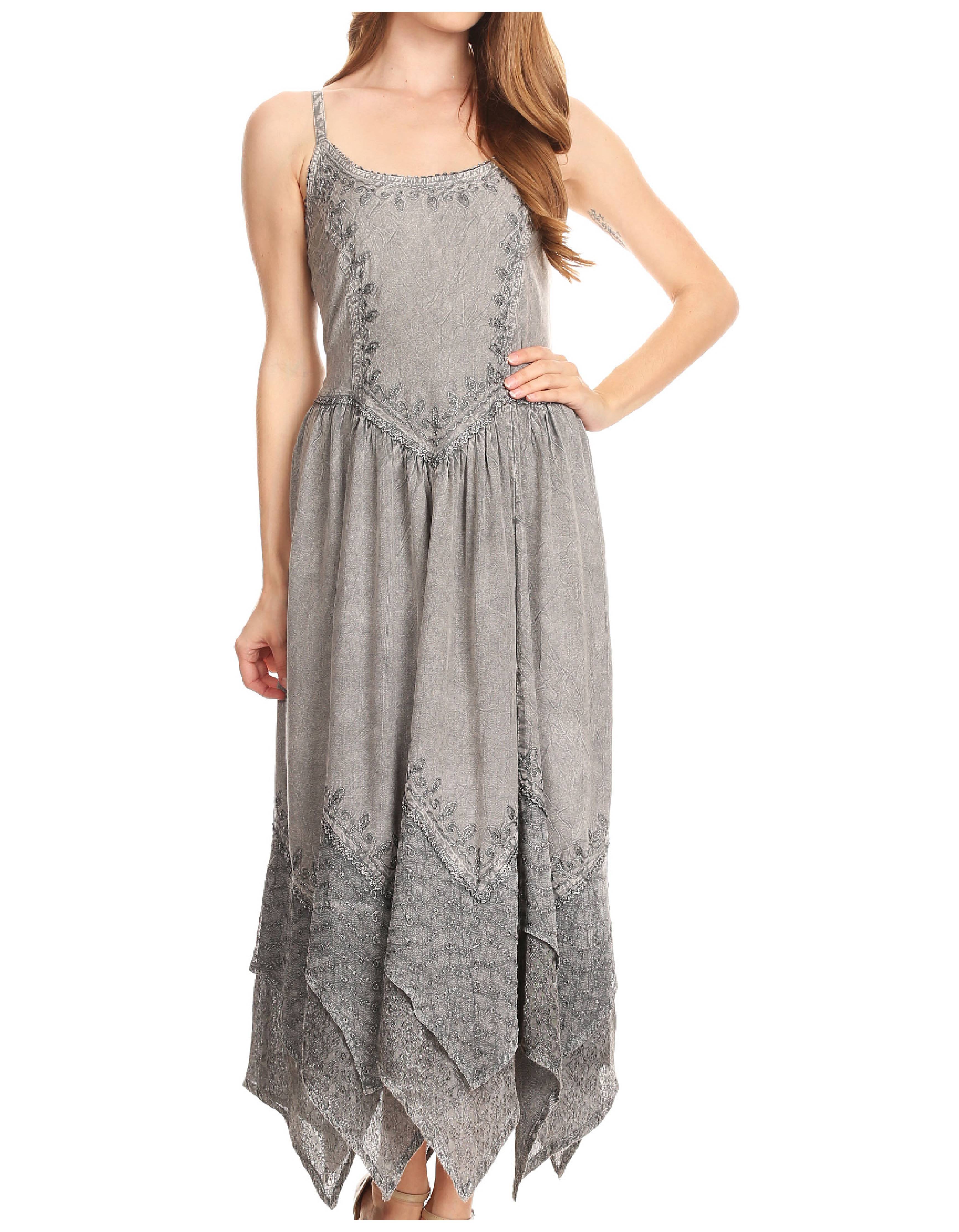 Gray sleeveless dress with lace details on a white background