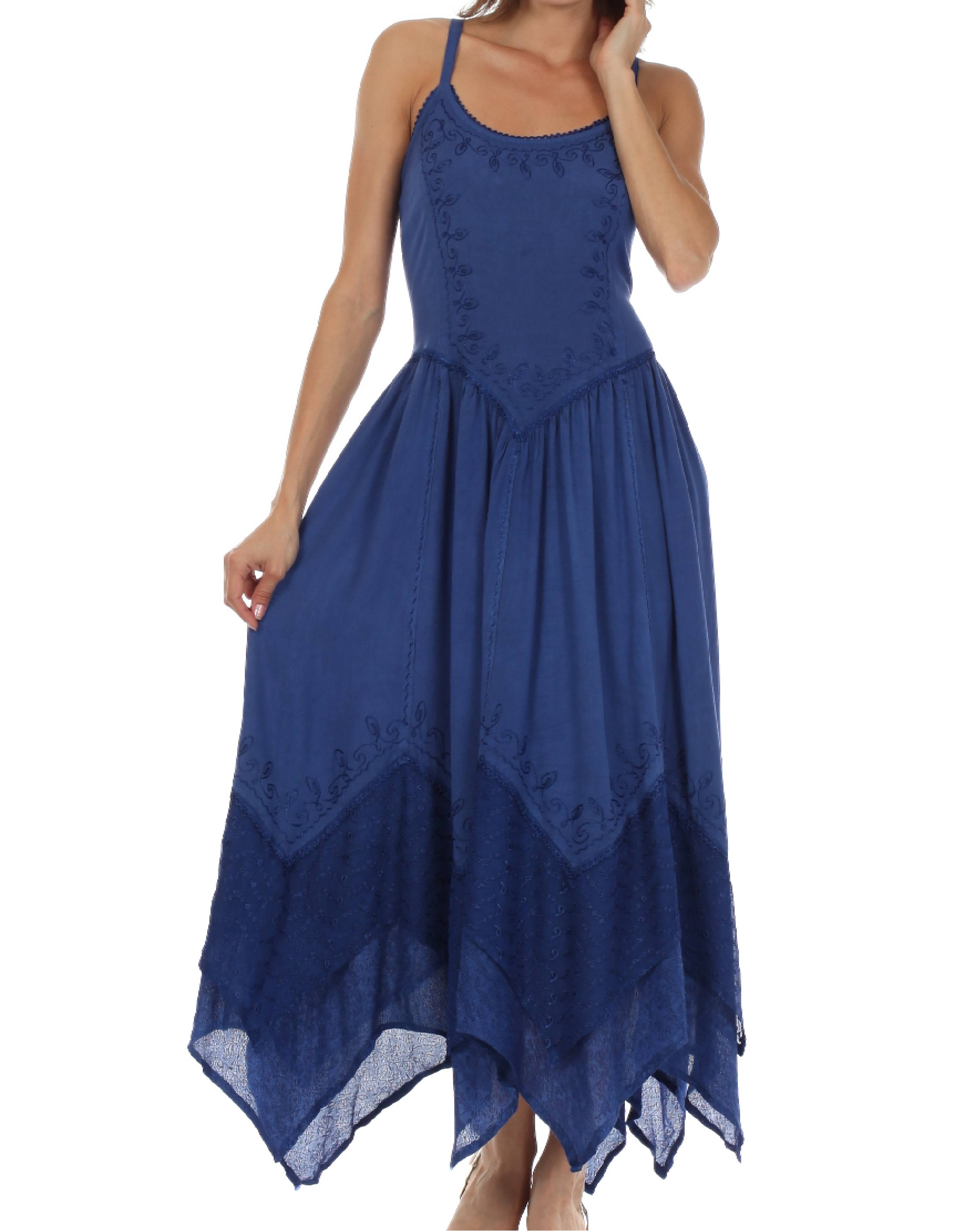 Blue dress with lace details on a white background