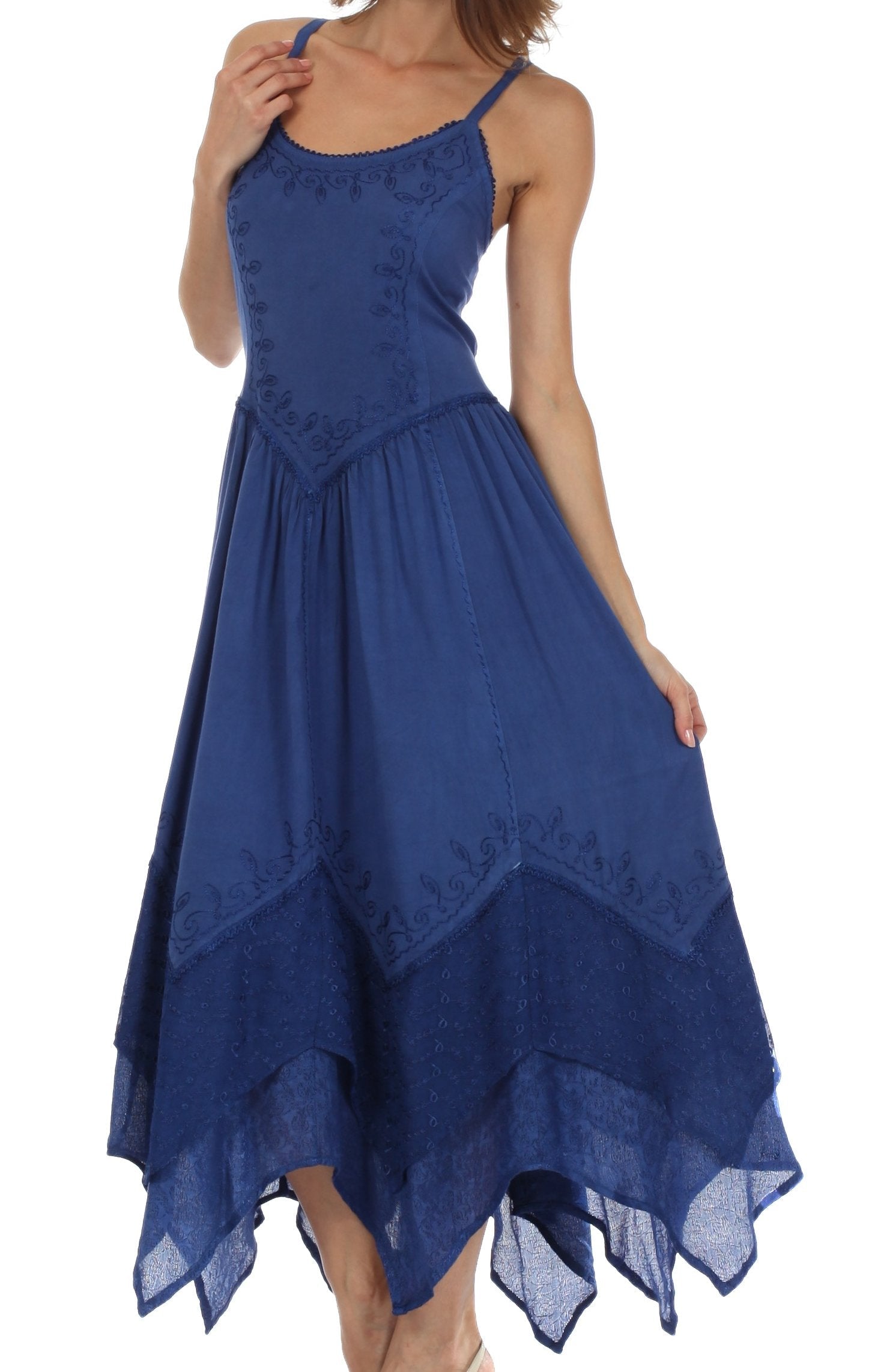 Blue dress with intricate detailing on a white background