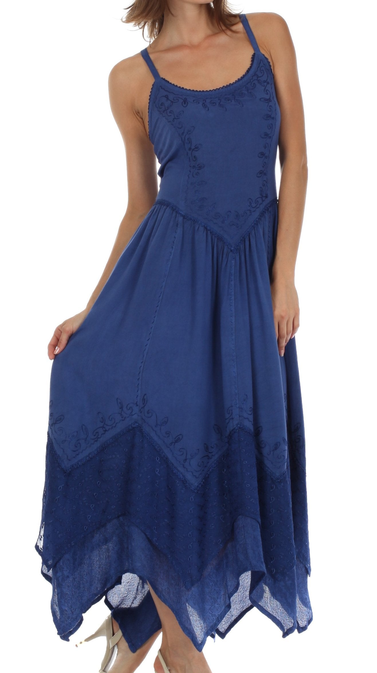 Blue dress with lace details on a white background
