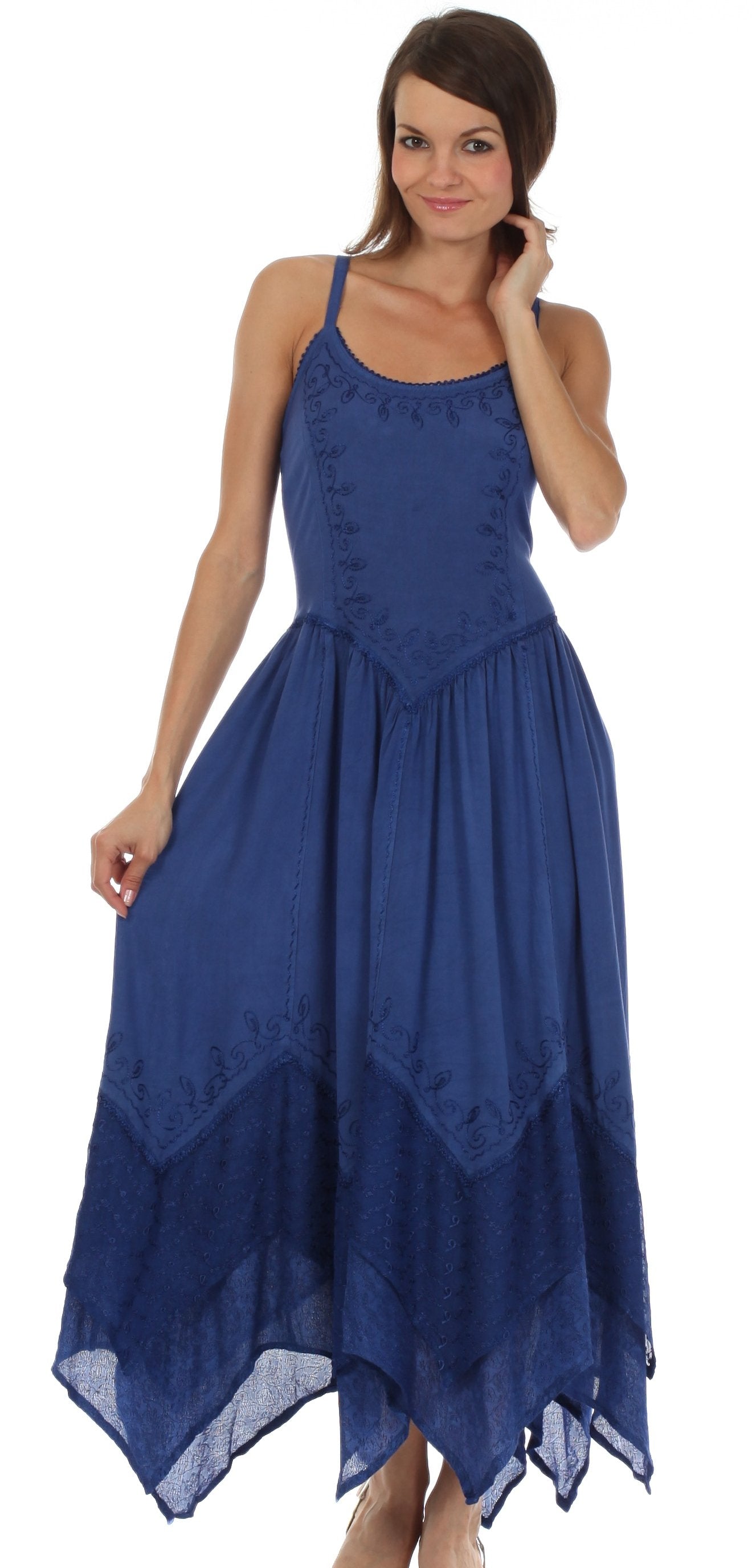 Woman wearing a blue dress on a white background