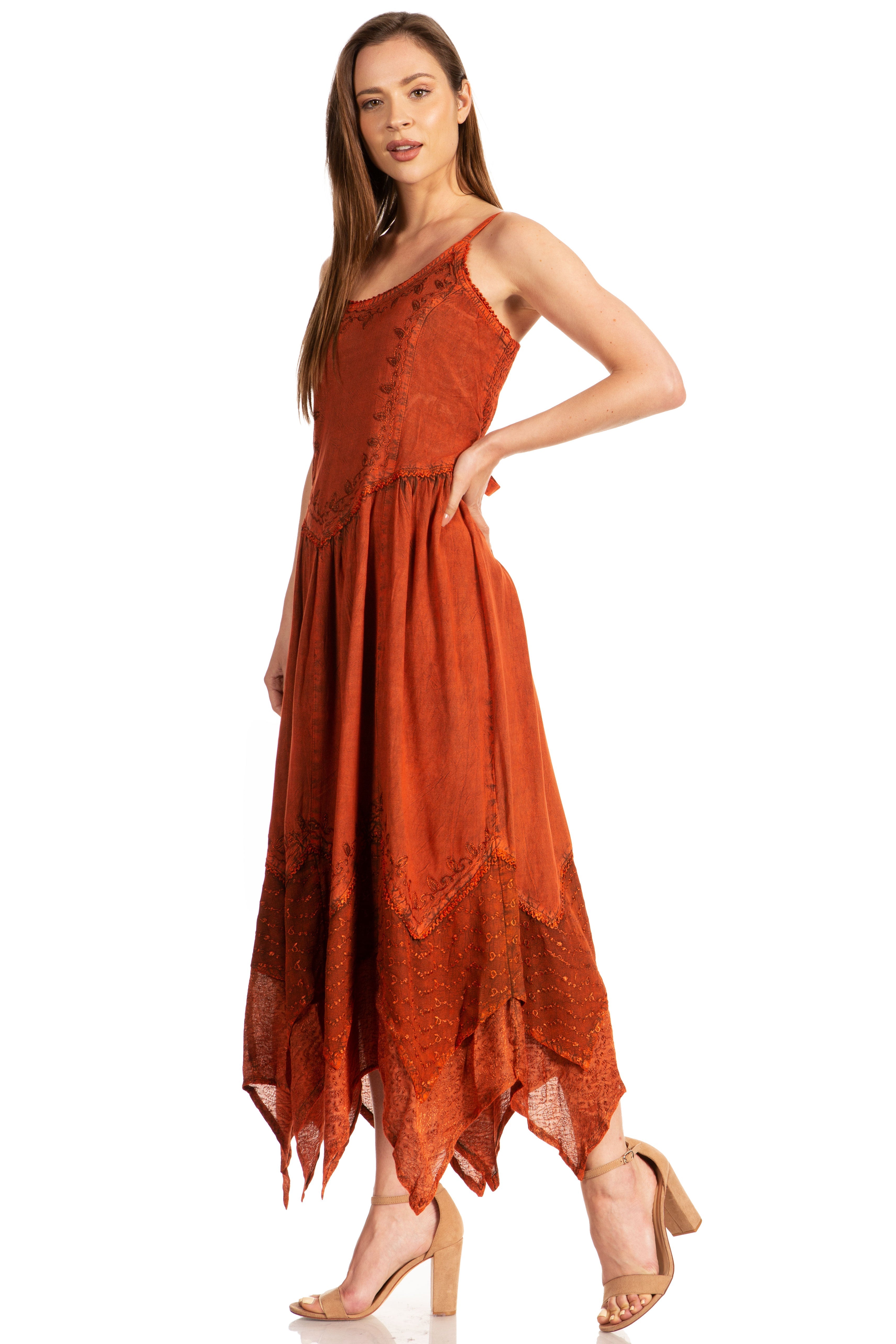 Woman wearing a rust-colored dress on a white background
