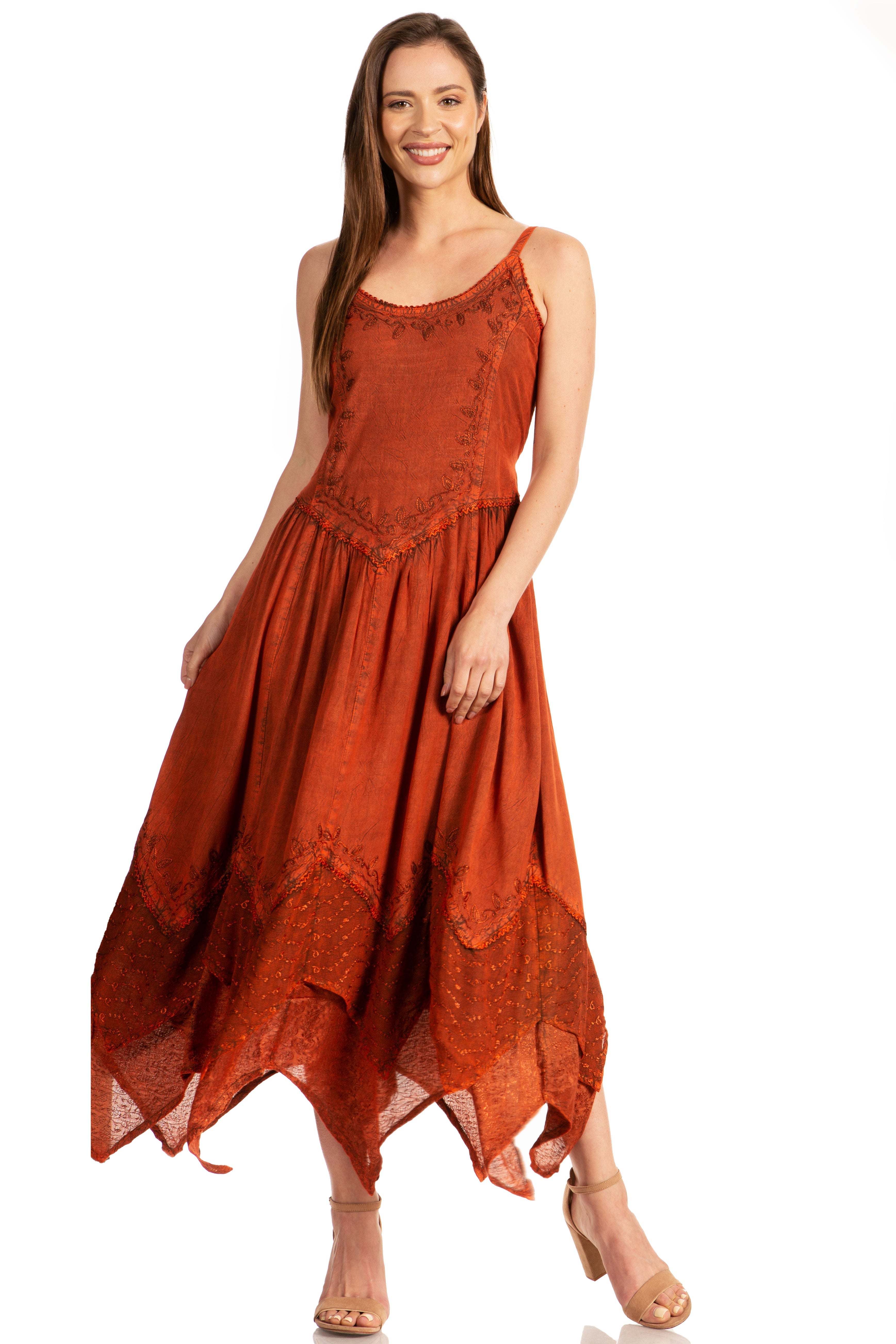 Woman wearing a rust-colored dress on a white background