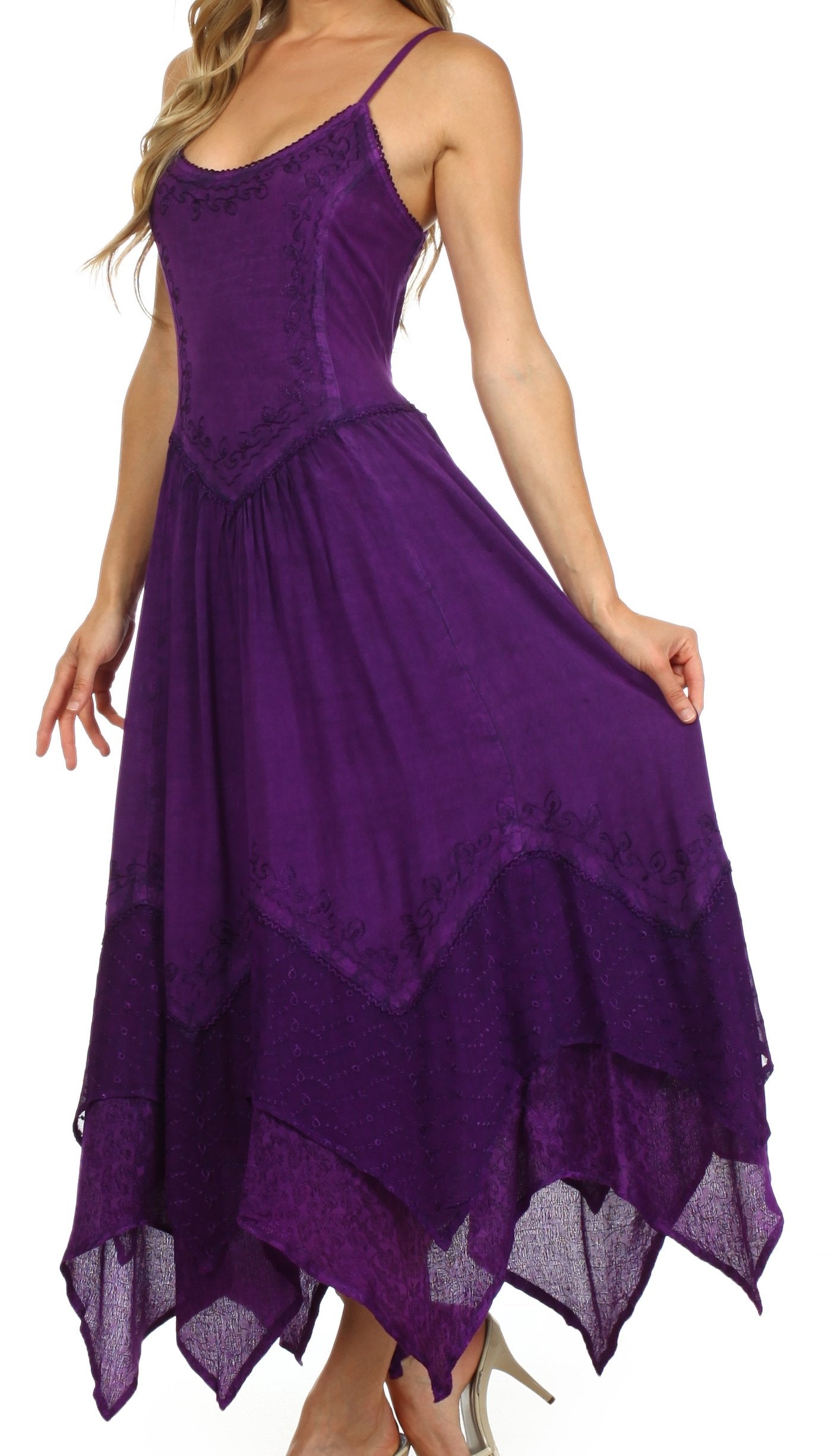 Purple dress with lace details on a white background