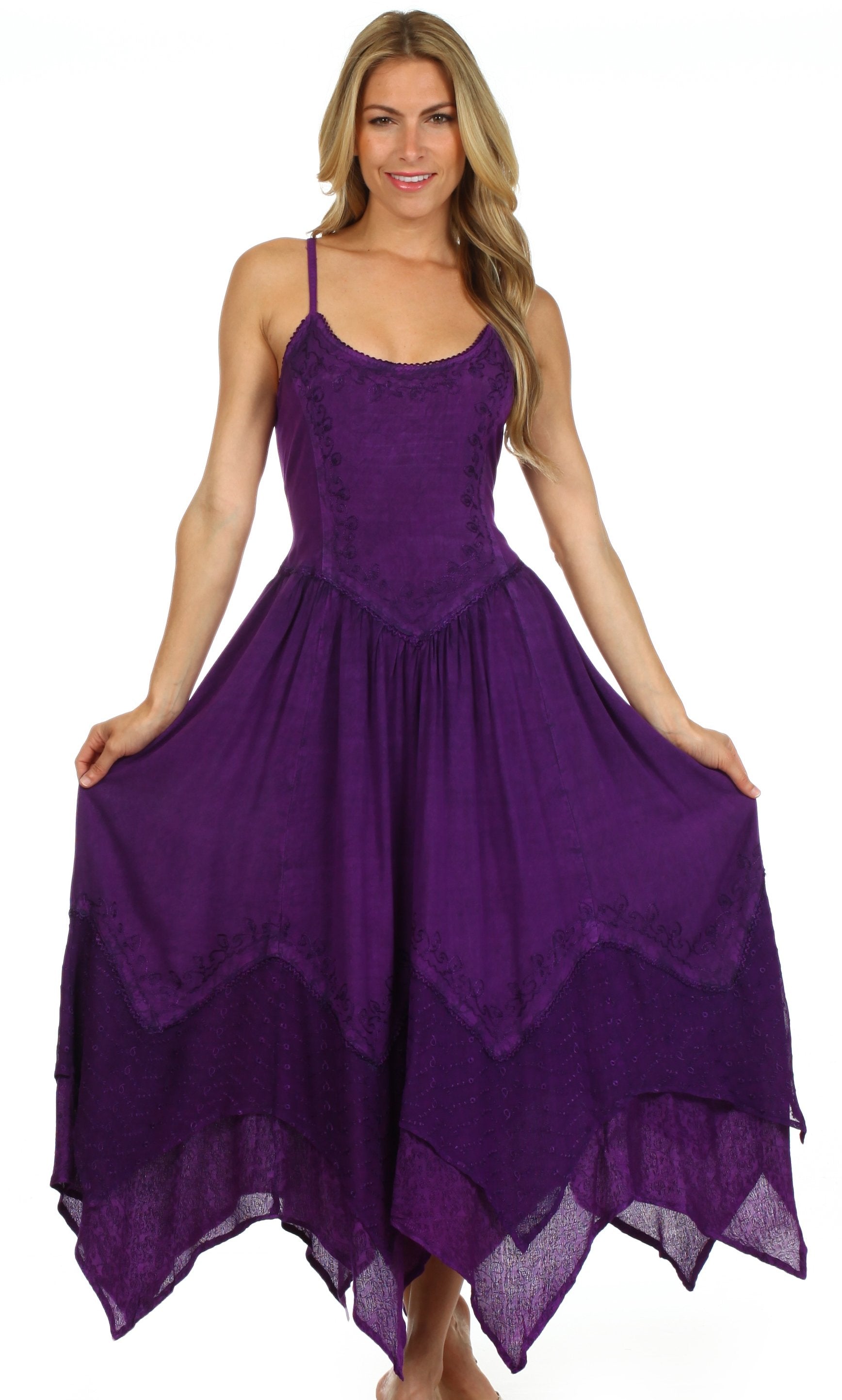 Woman wearing a purple dress on a white background