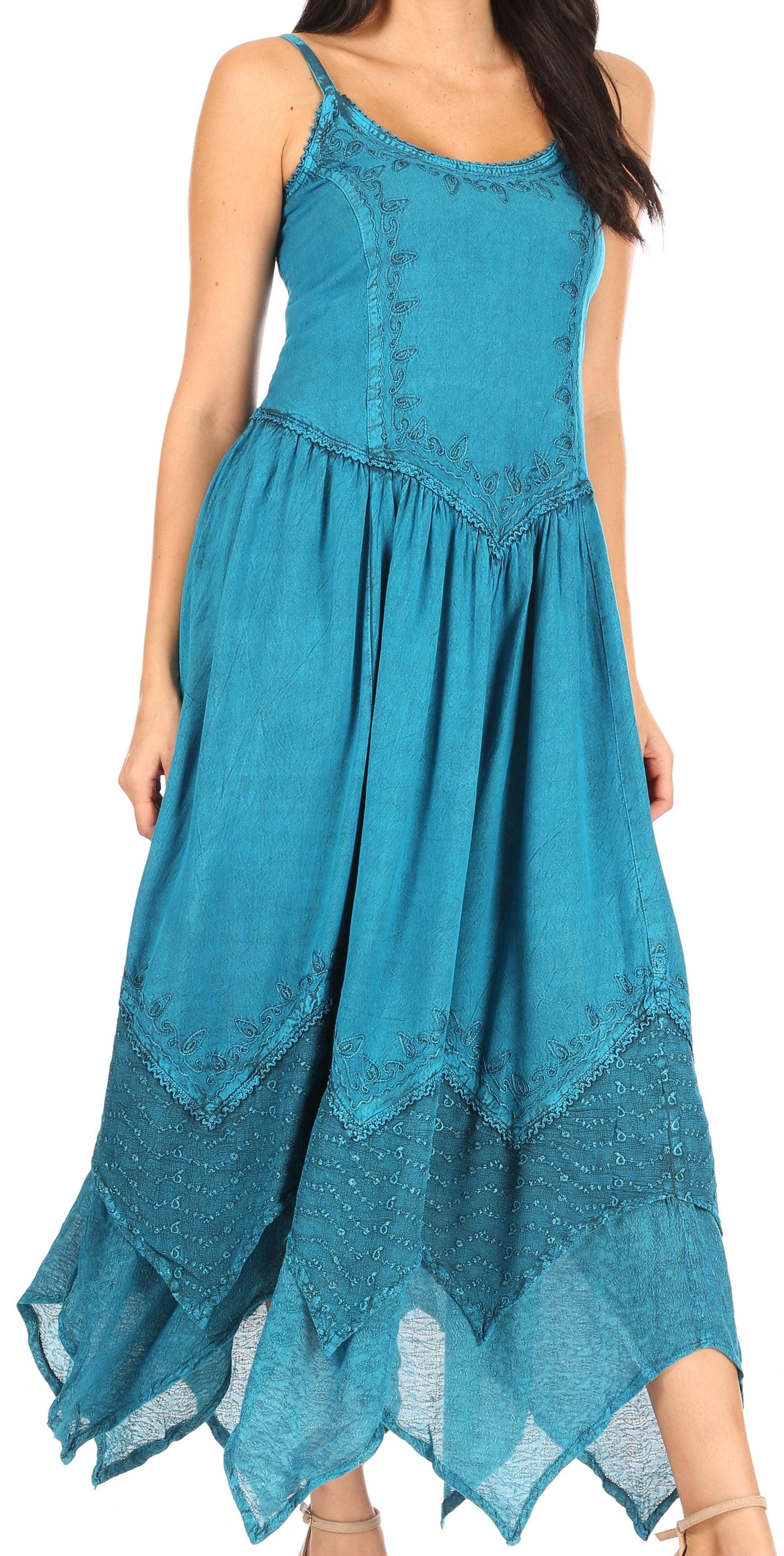 Teal dress with lace details on a white background