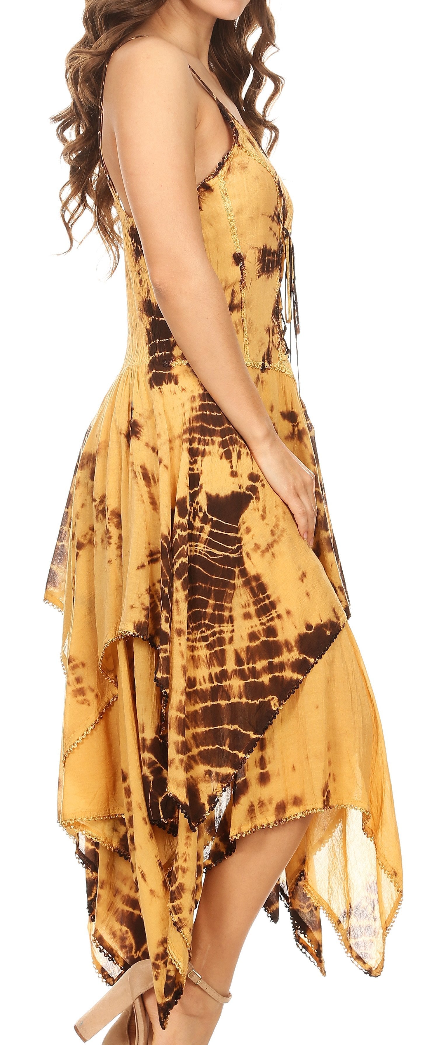 Yellow tie-dye dress with a high-low hem on a white background
