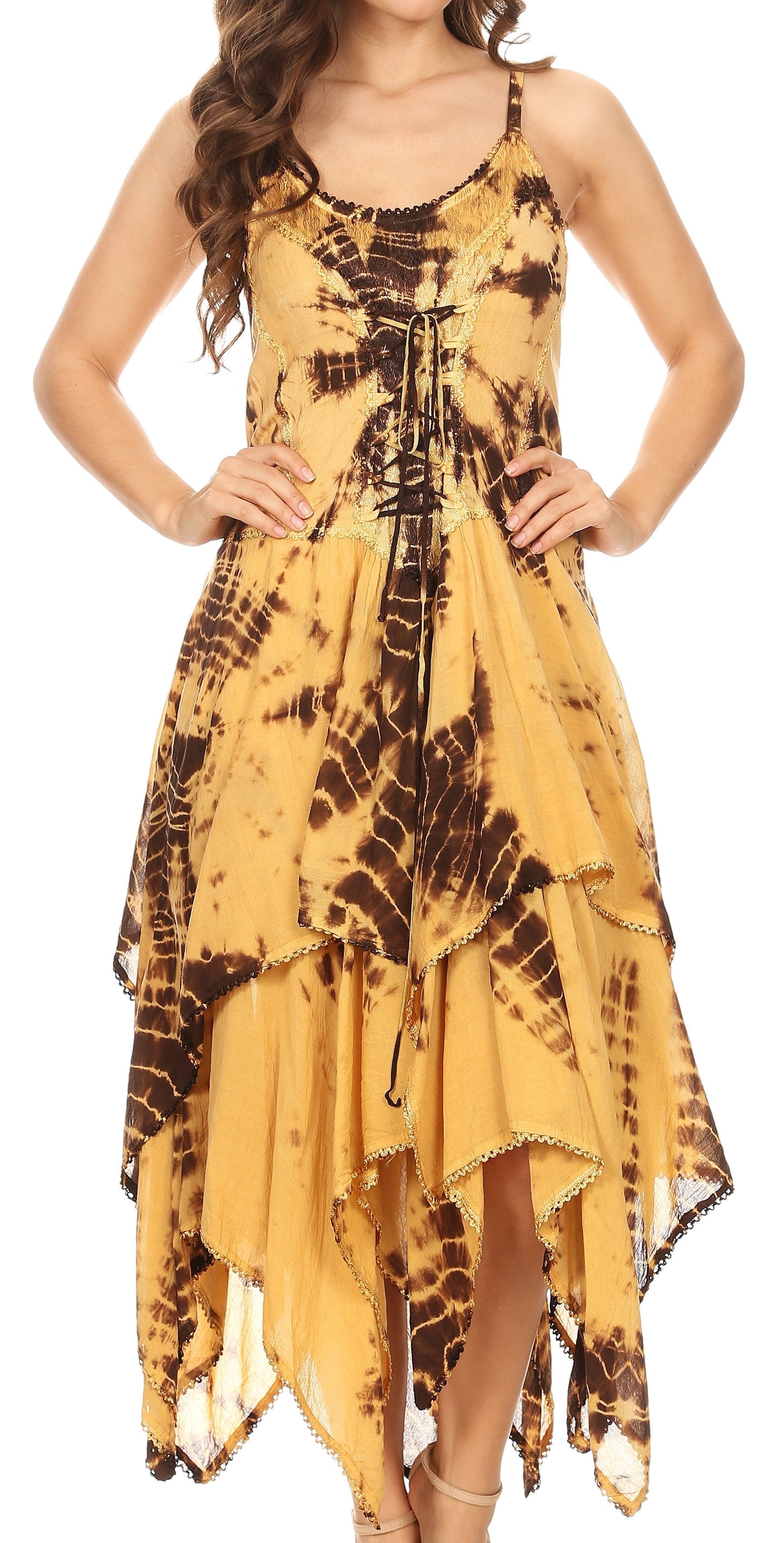 Yellow tie-dye dress with a high-low hem on a white background