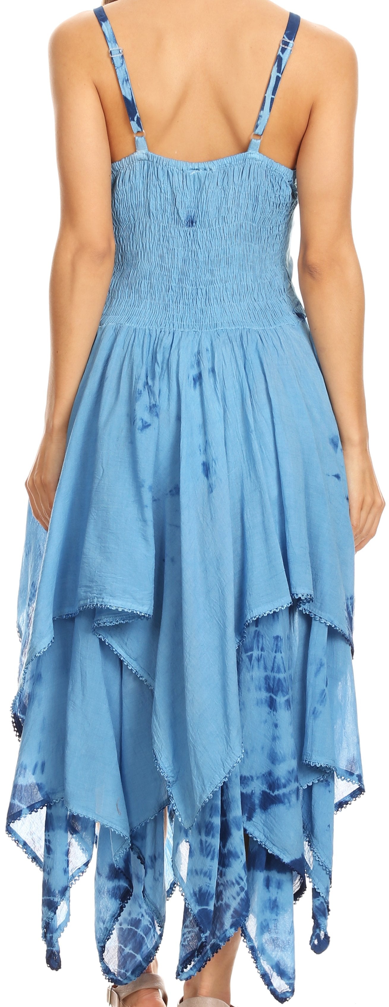 Blue dress with a smocked bodice and layered skirt worn by a person.