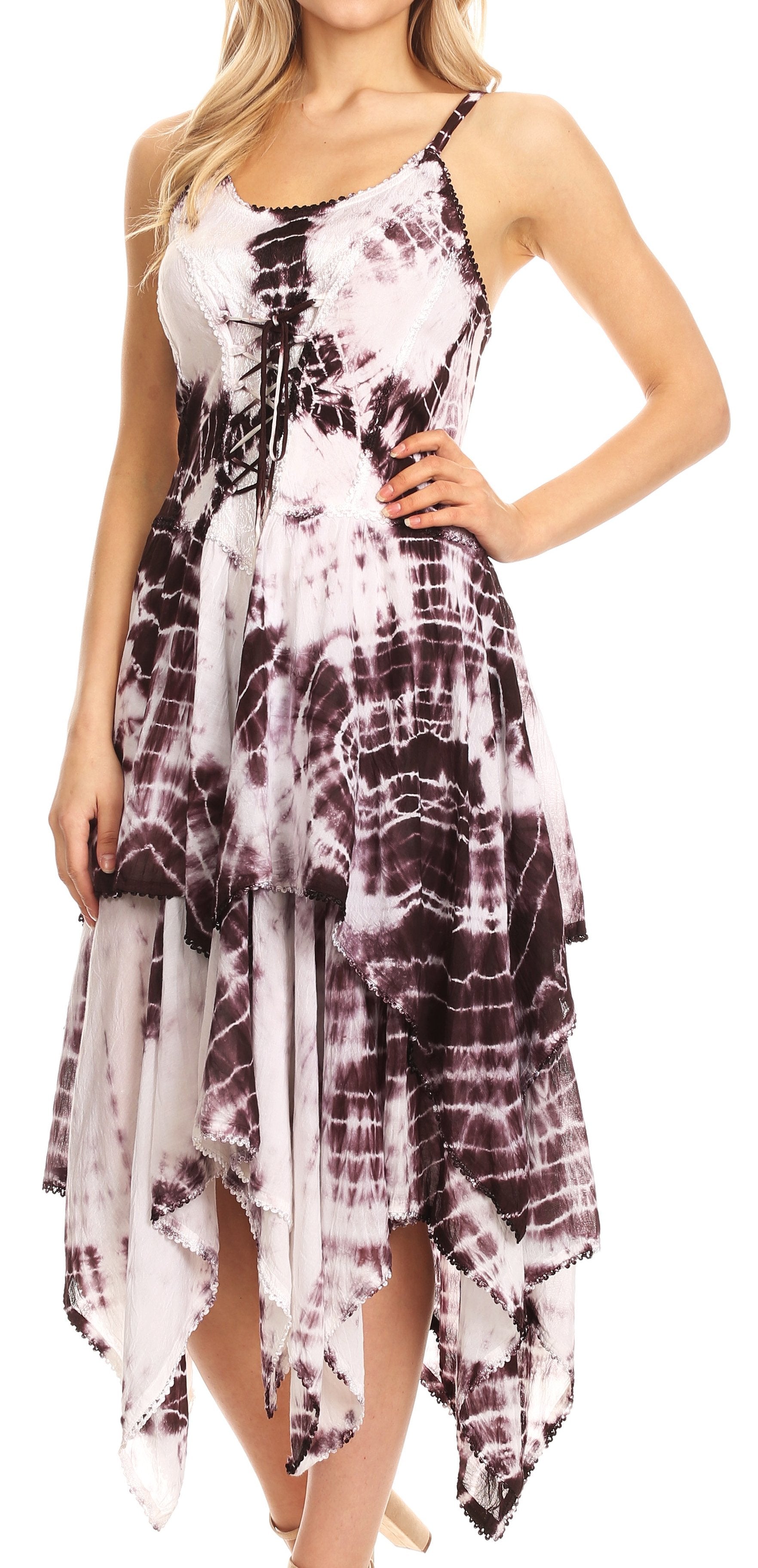 Woman wearing a tie-dye dress with a white background