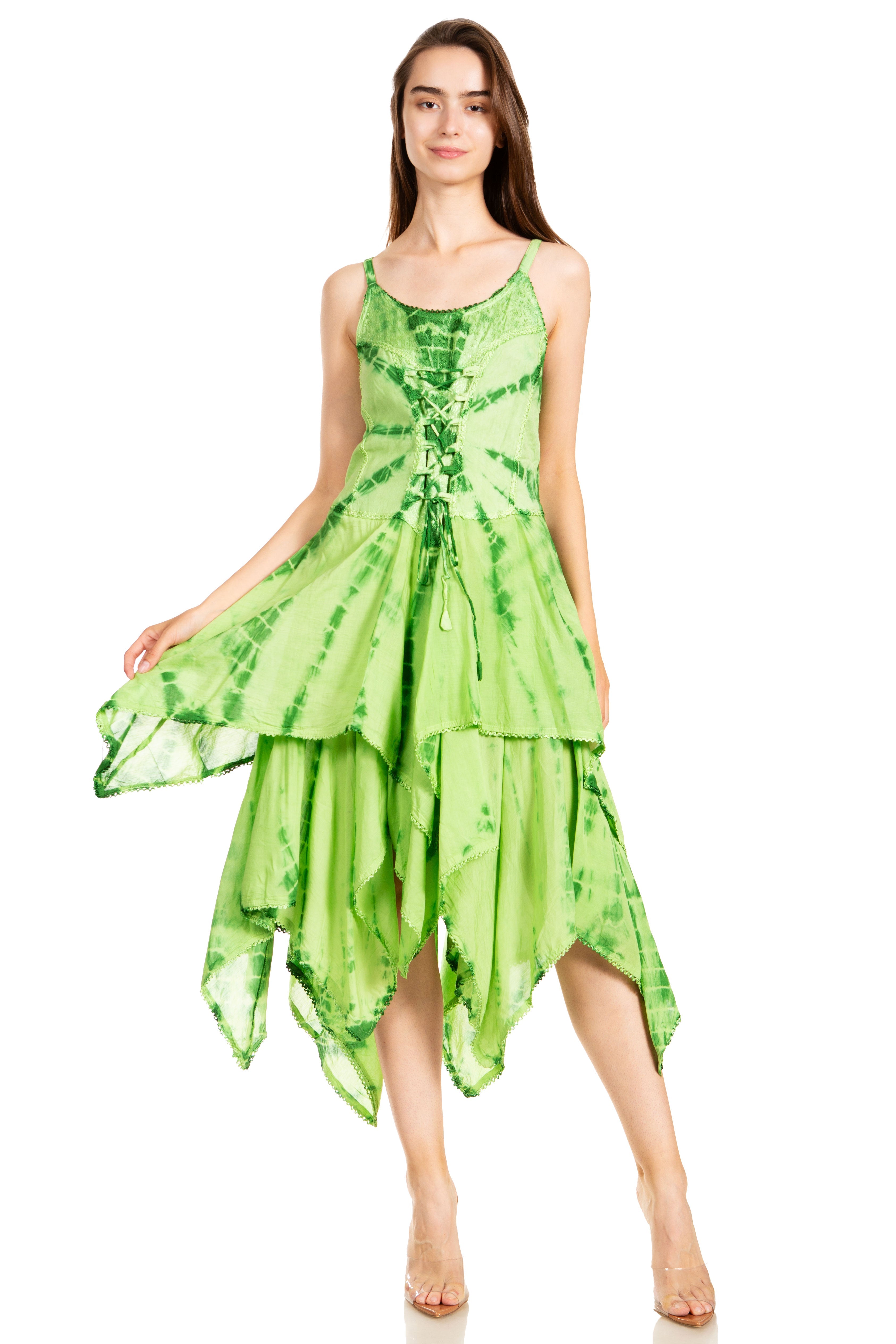 Woman wearing a green dress with a white background