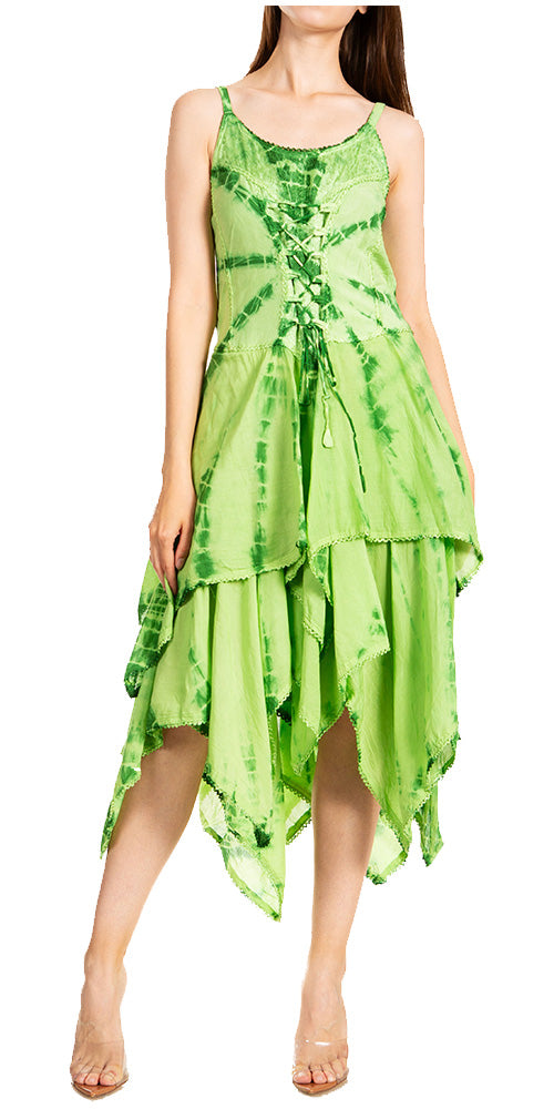 Green tie-dye dress worn by a model on a white background