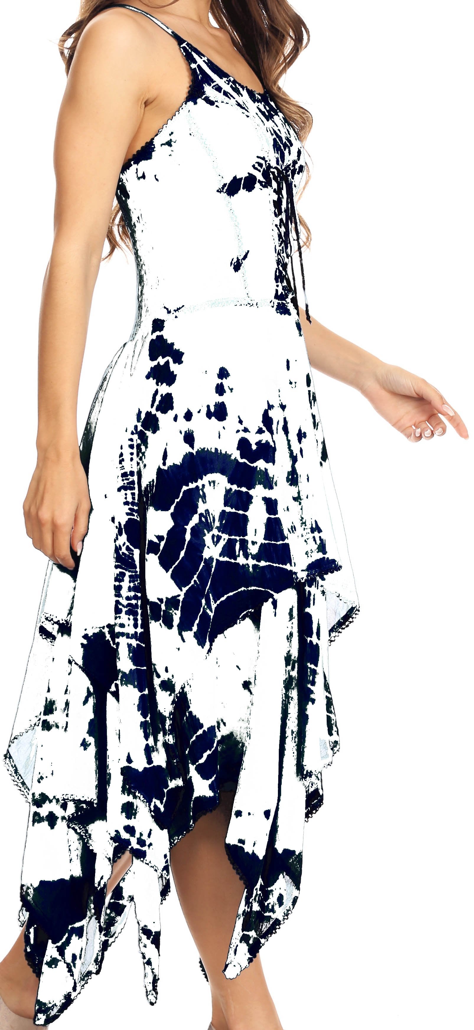 Woman wearing a sleeveless dress with blue and white abstract pattern