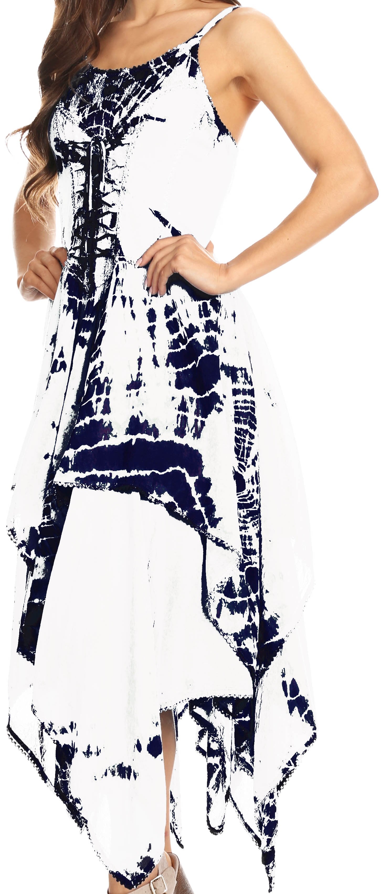 White dress with blue abstract pattern worn by a person