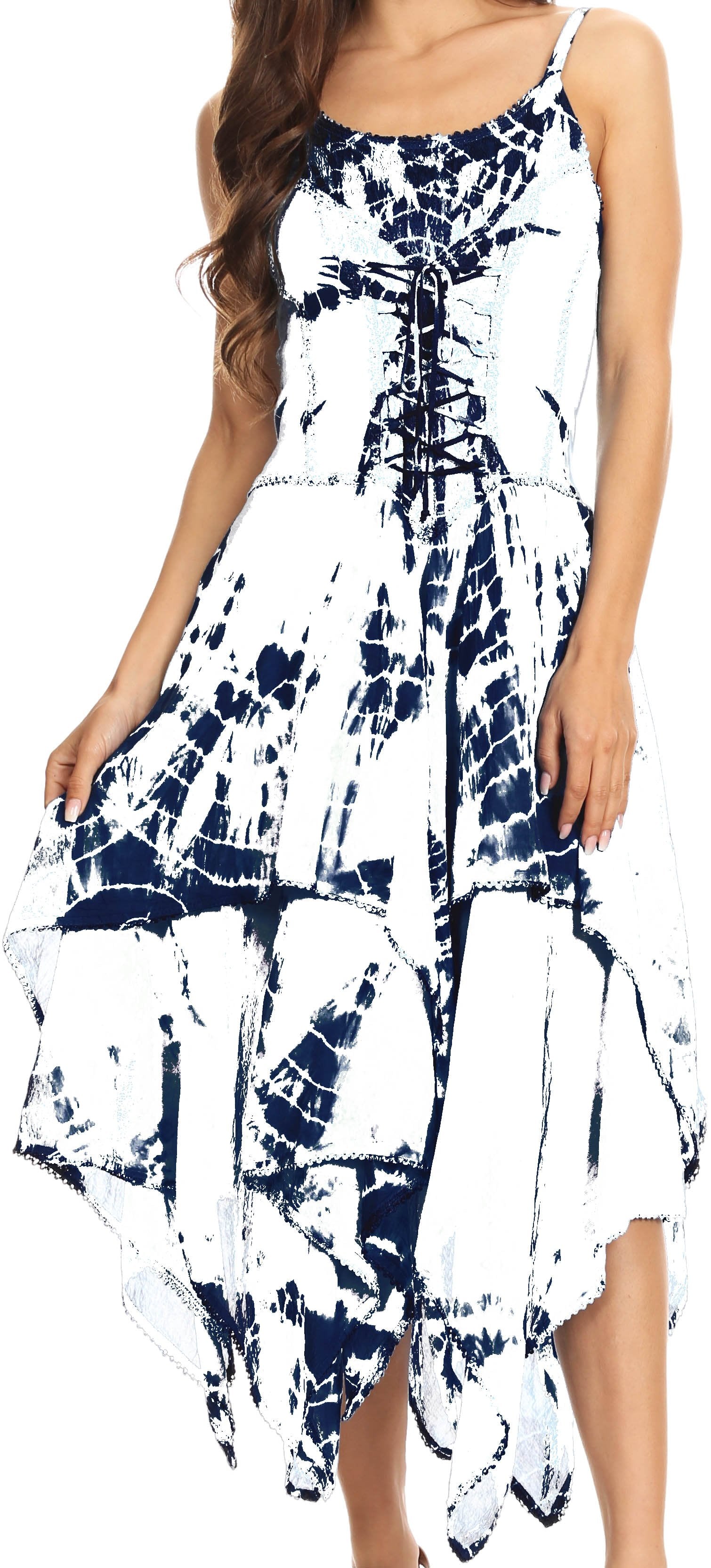 Woman wearing a blue and white tie-dye dress with a high-low hem.