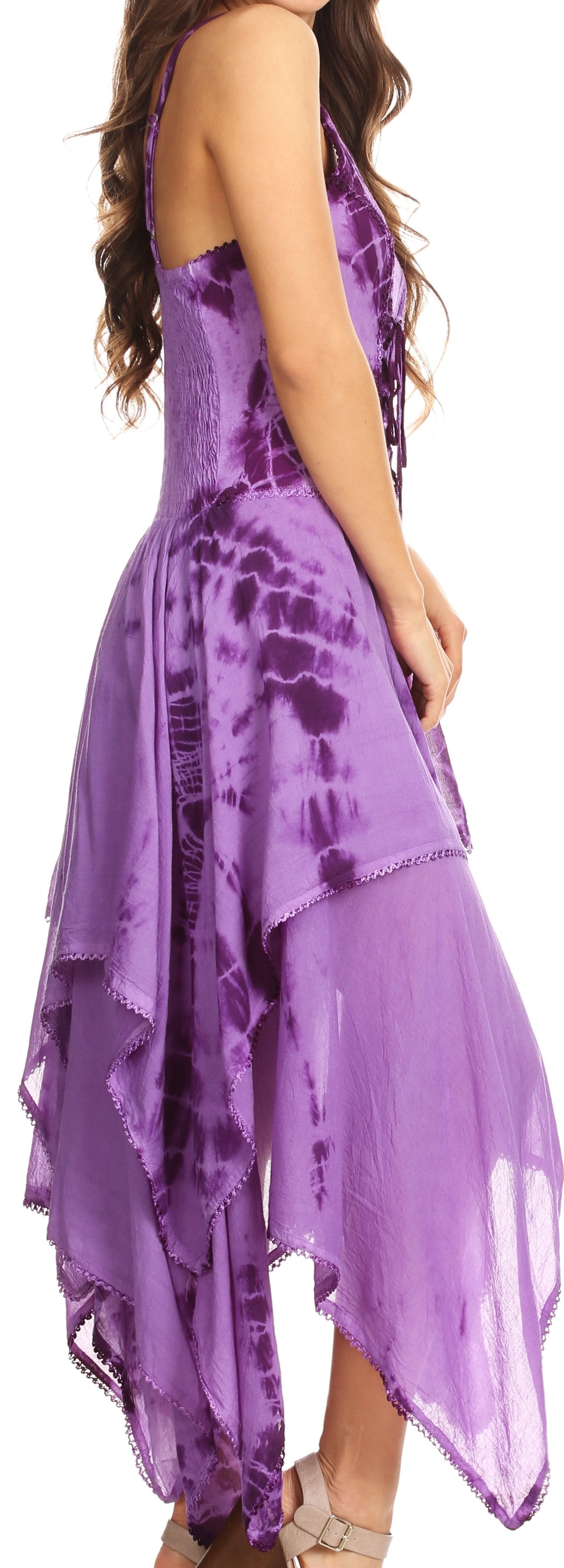 Purple tie-dye dress worn by a person, with a focus on the garment.
