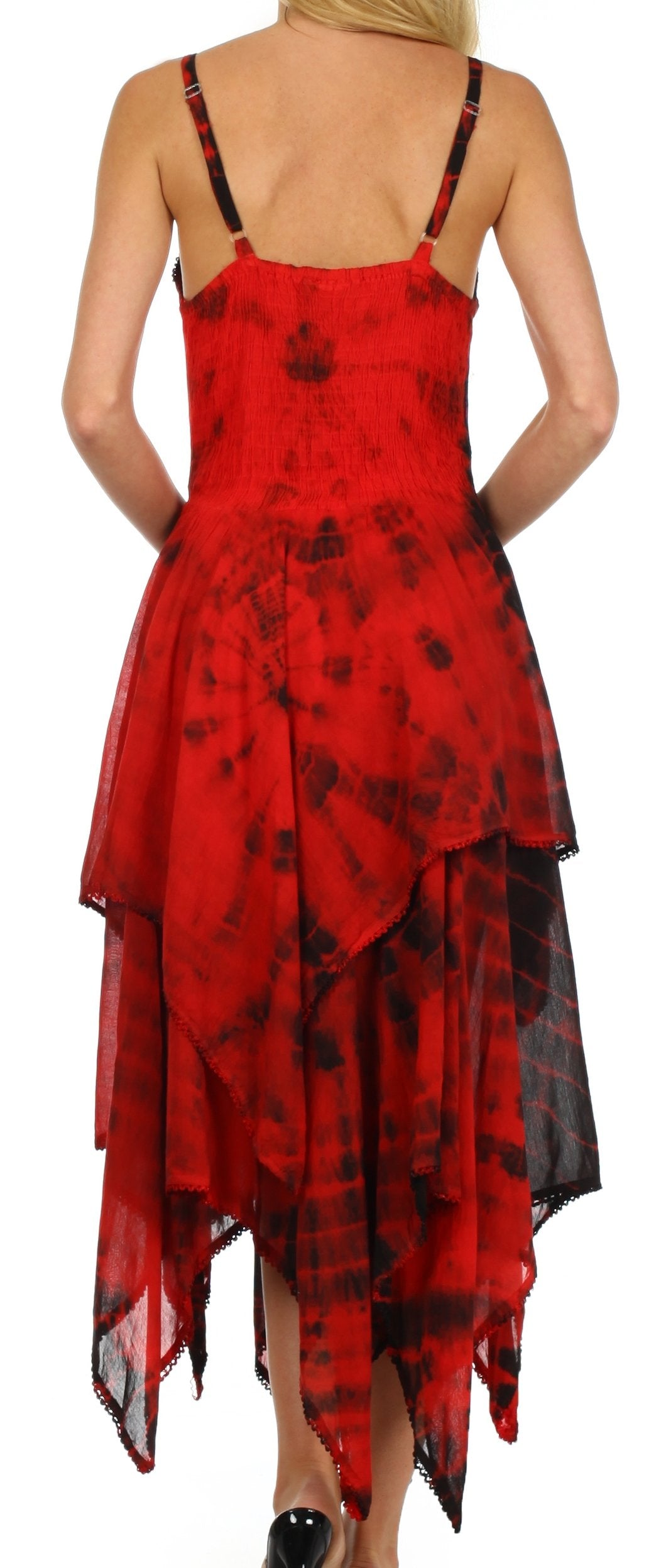Red and black patterned dress on a white background