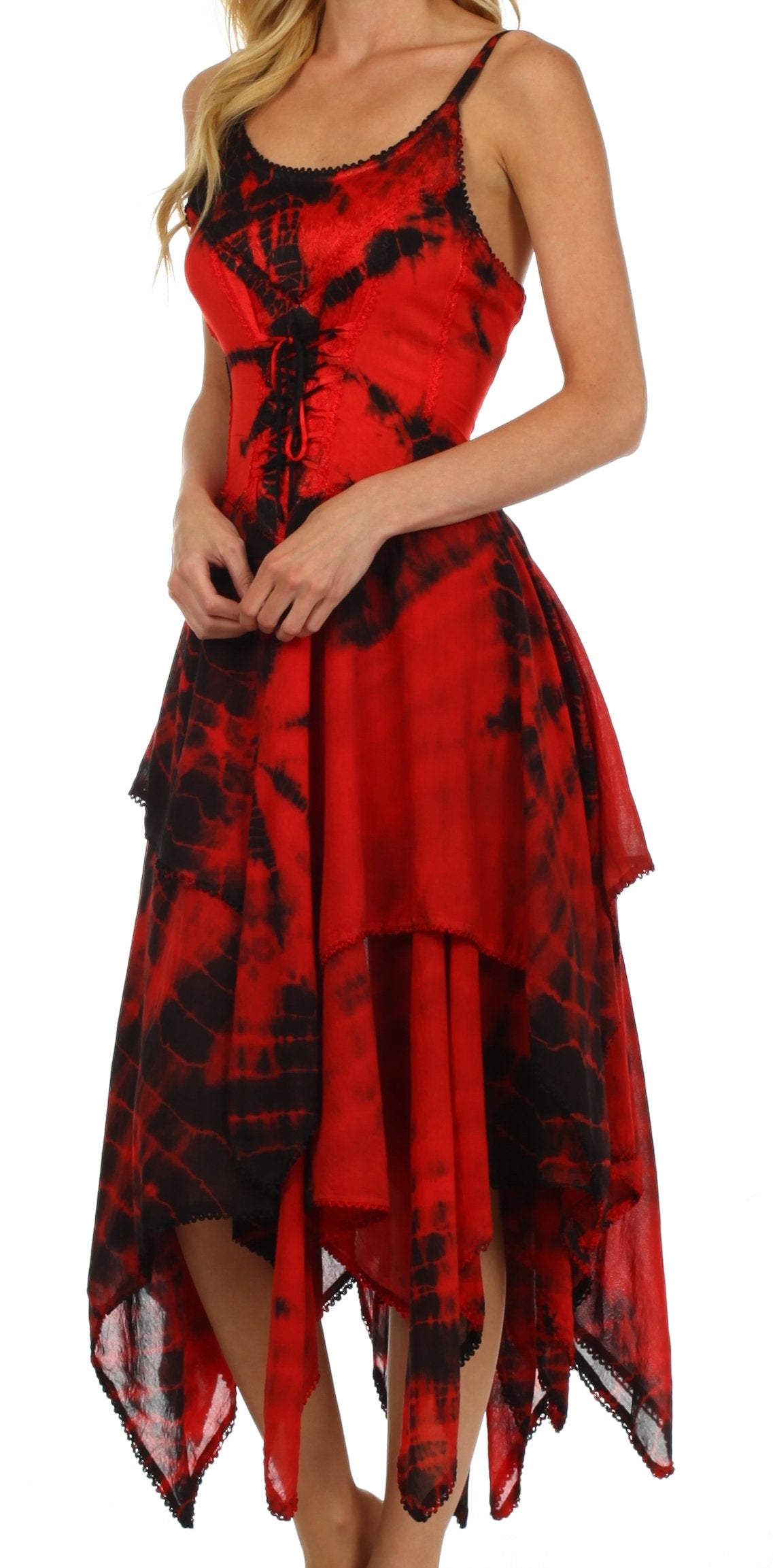 Red and black tie-dye dress worn by a model on a white background