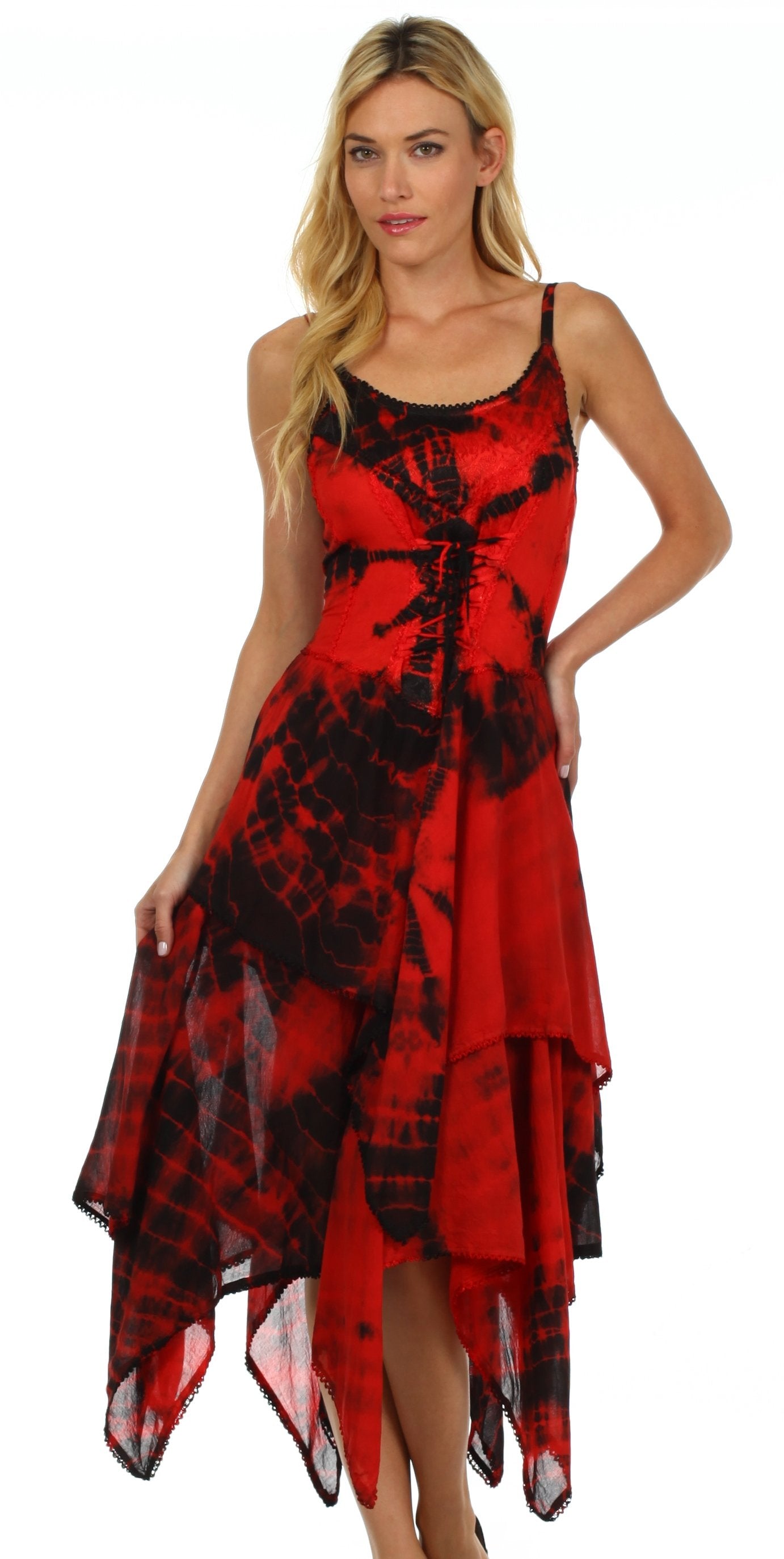 Woman wearing a red and black tie-dye dress on a white background