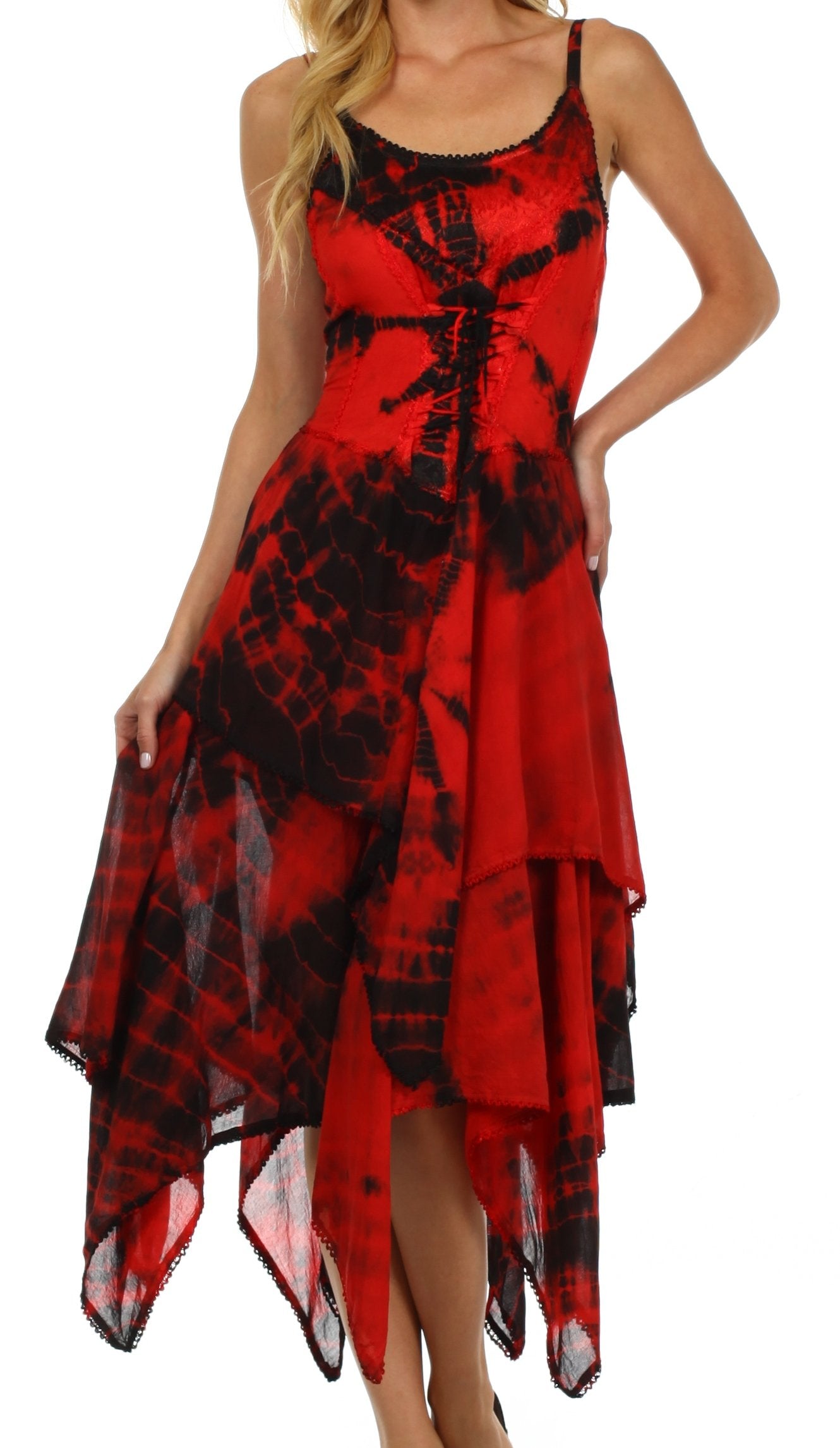 Red and black tie-dye dress worn by a model on a white background