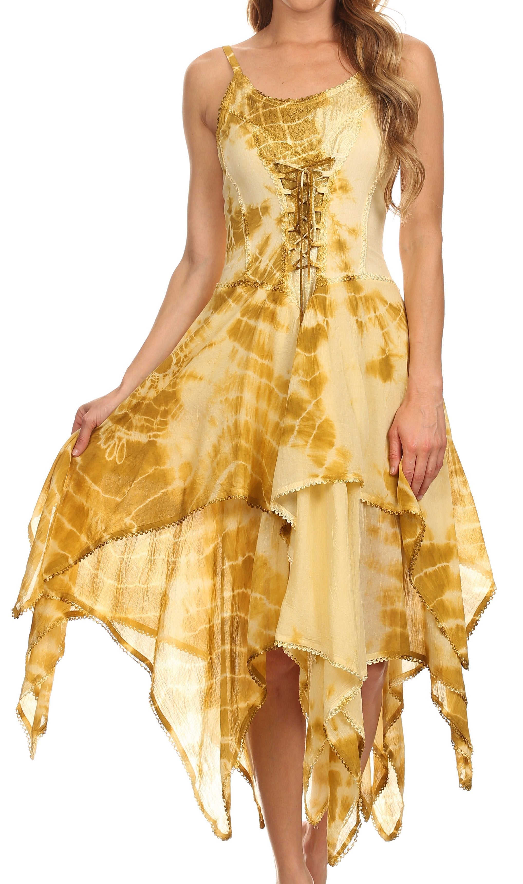Woman wearing a yellow tie-dye dress on a white background