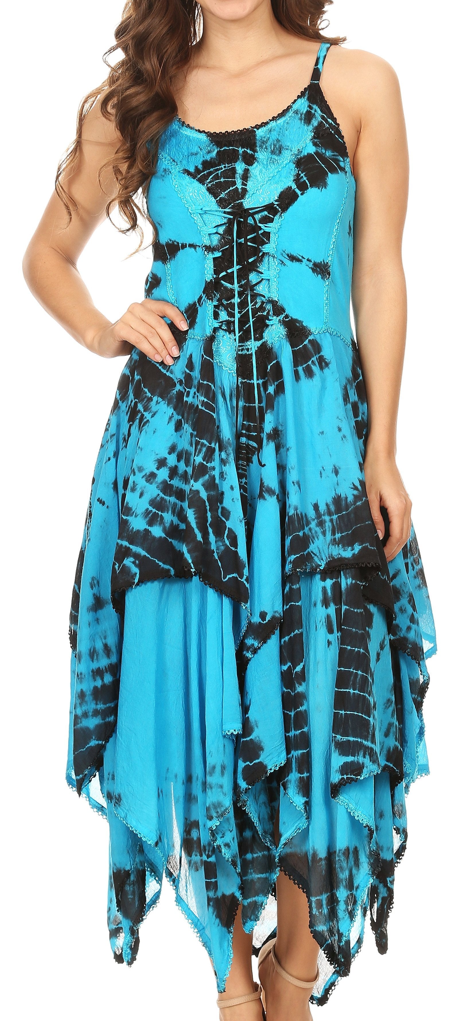 Blue and black tie-dye dress worn by a model on a white background