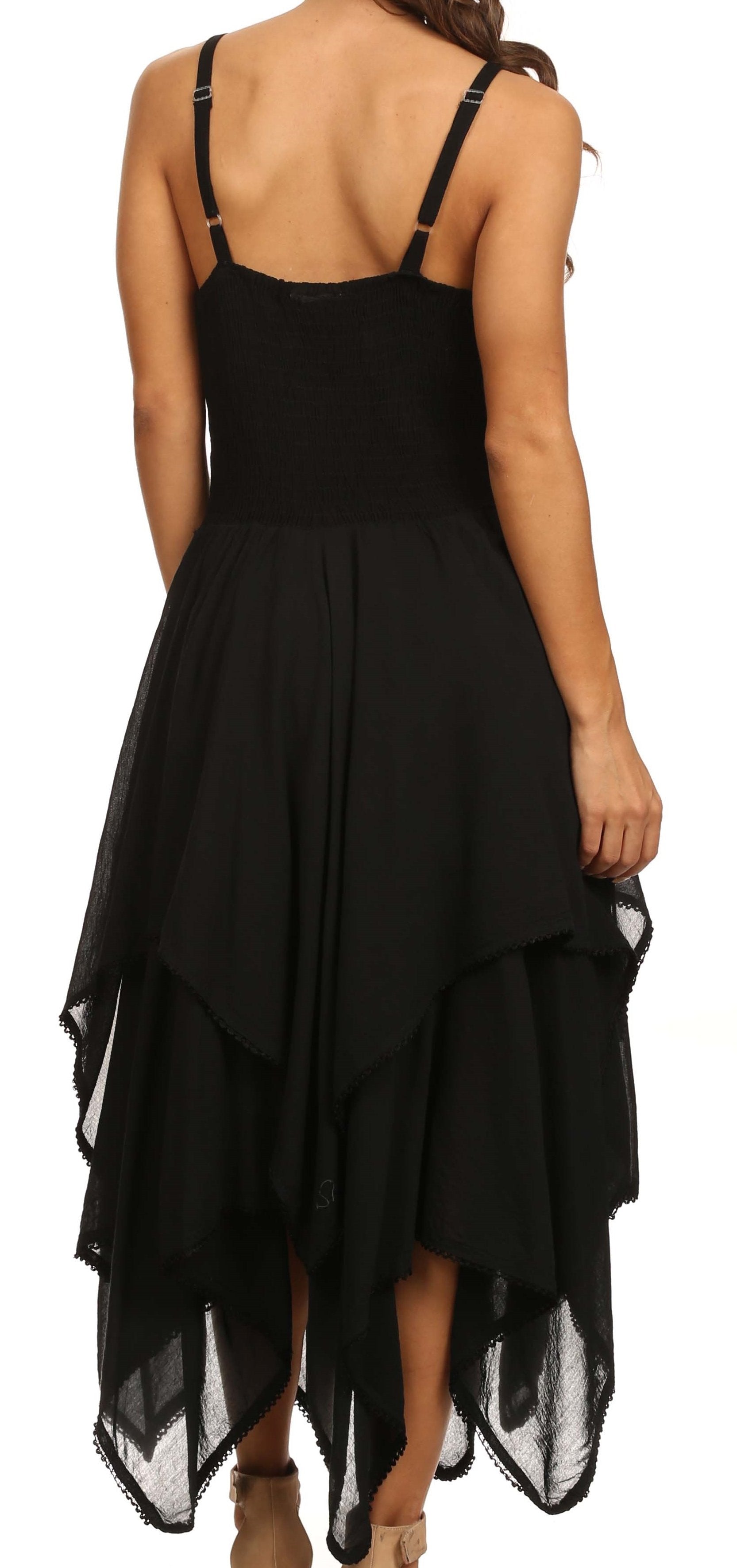 Black dress with a unique hem design on a white background