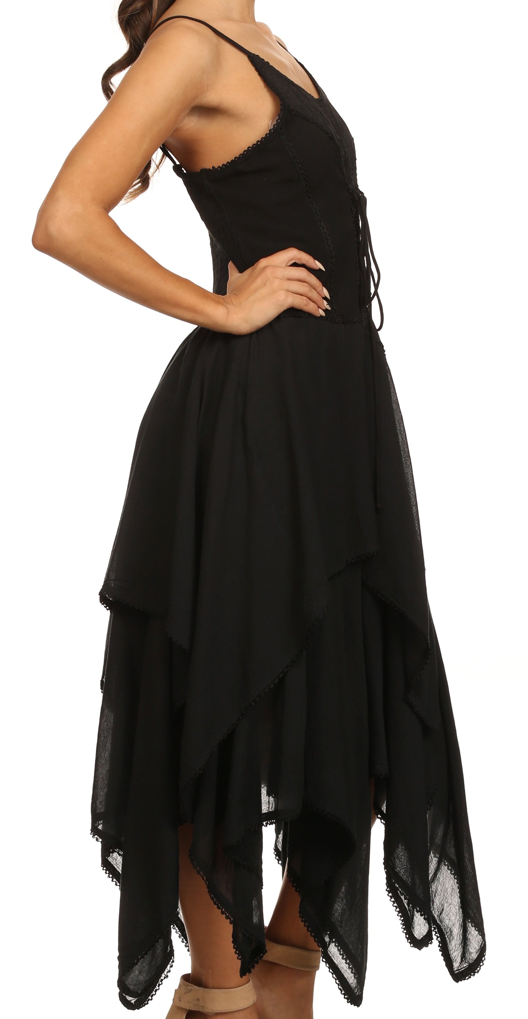 Black dress with lace details on a white background