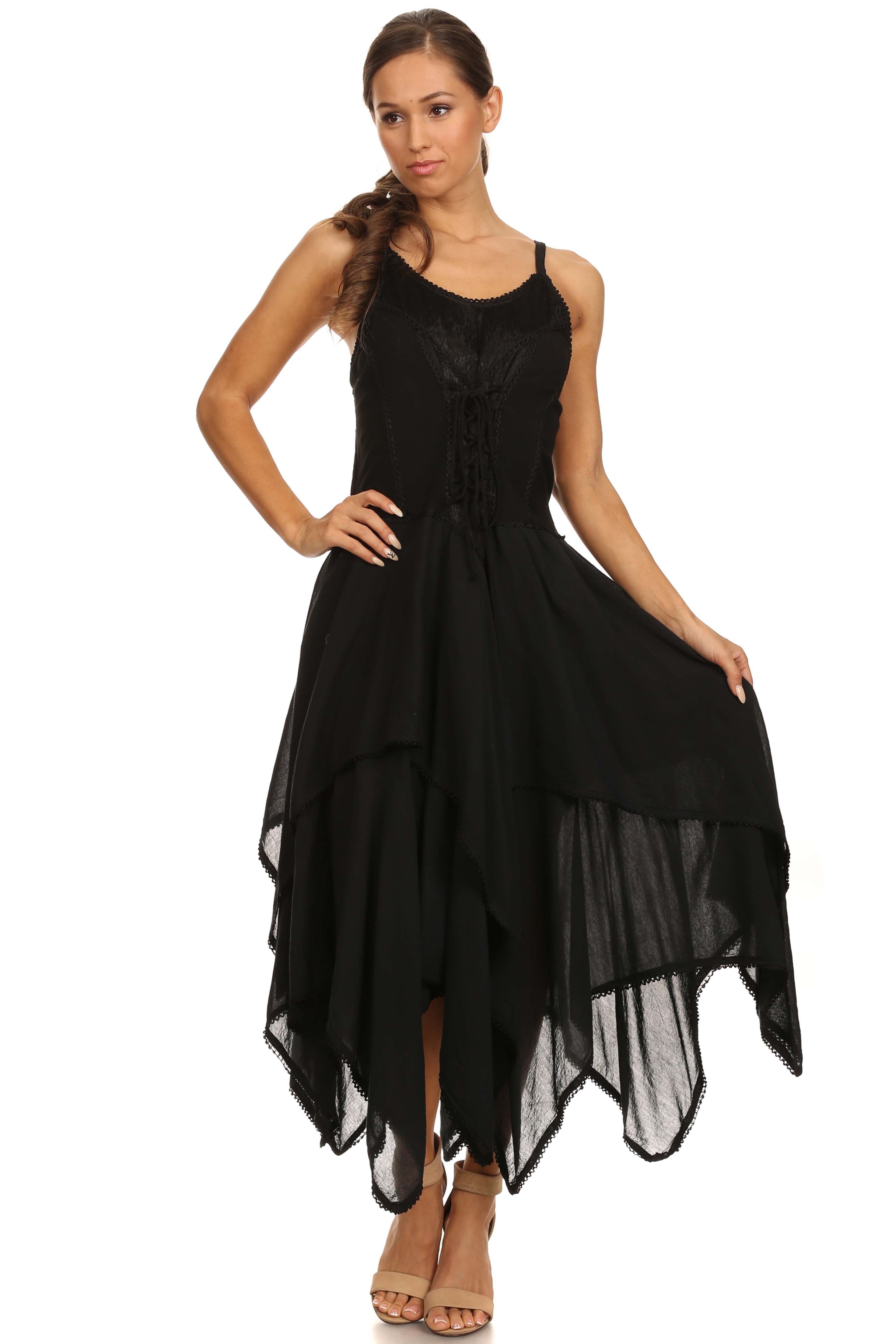 Woman wearing a black sleeveless dress with a layered skirt on a white background
