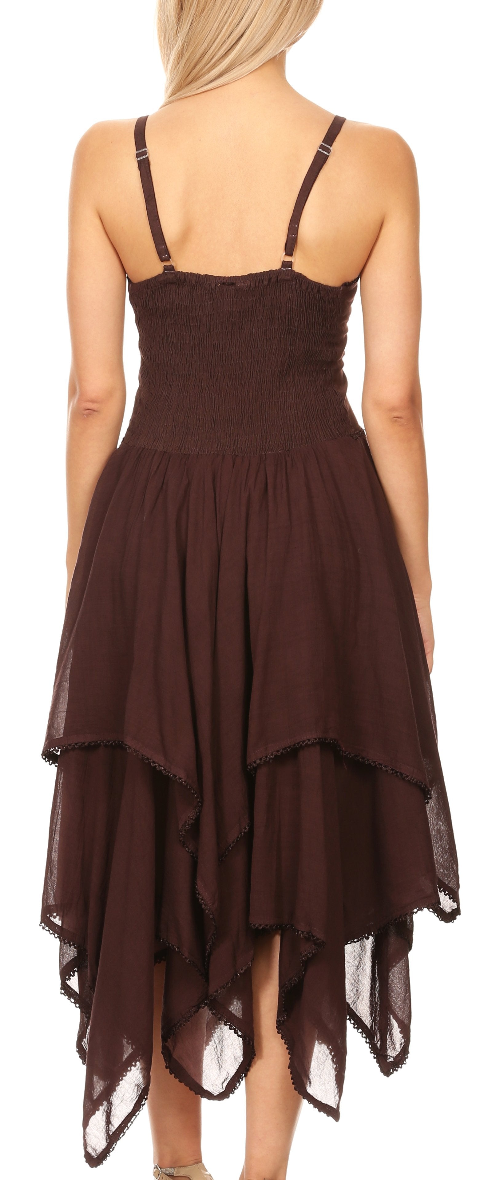 Brown dress with a unique hem design on a white background