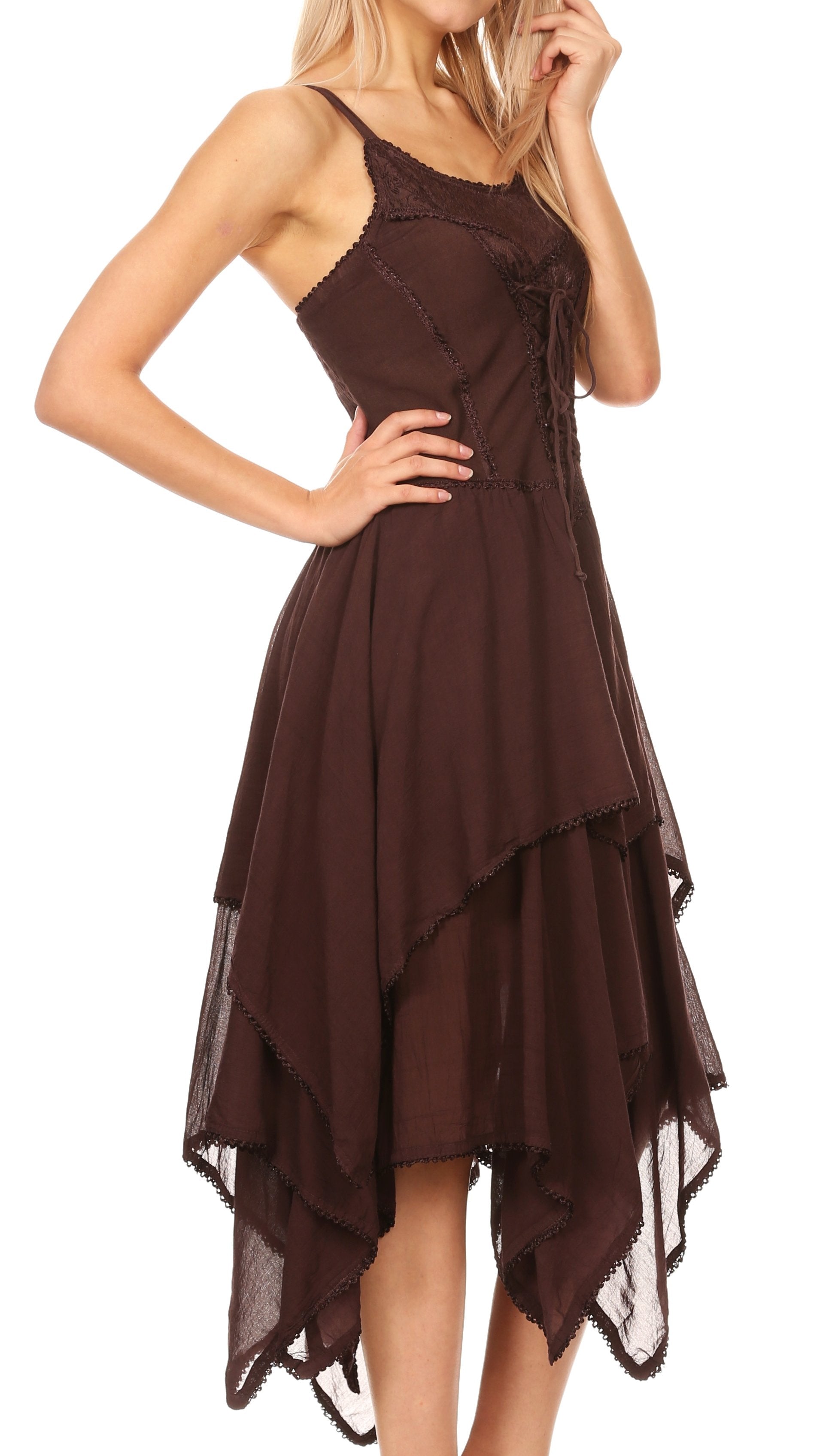 Brown dress with sheer overlay on a white background