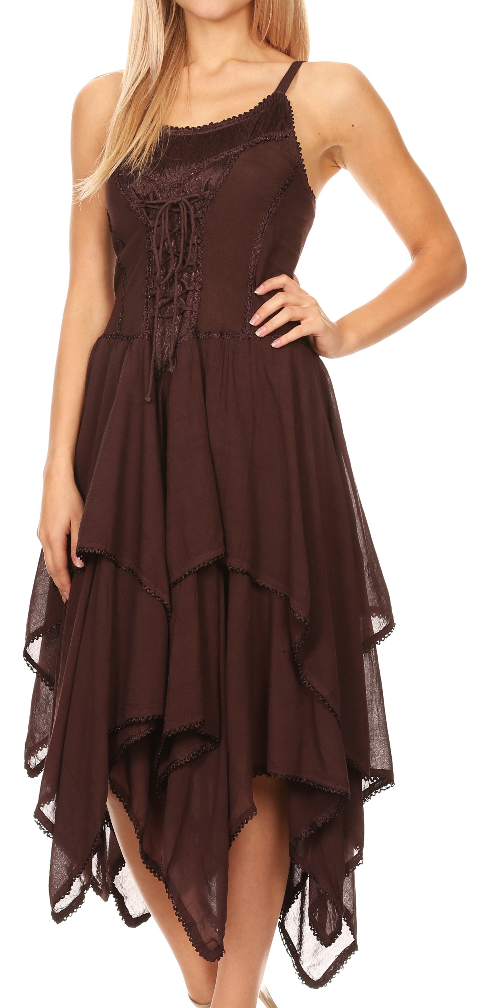 Brown dress with lace details on a white background