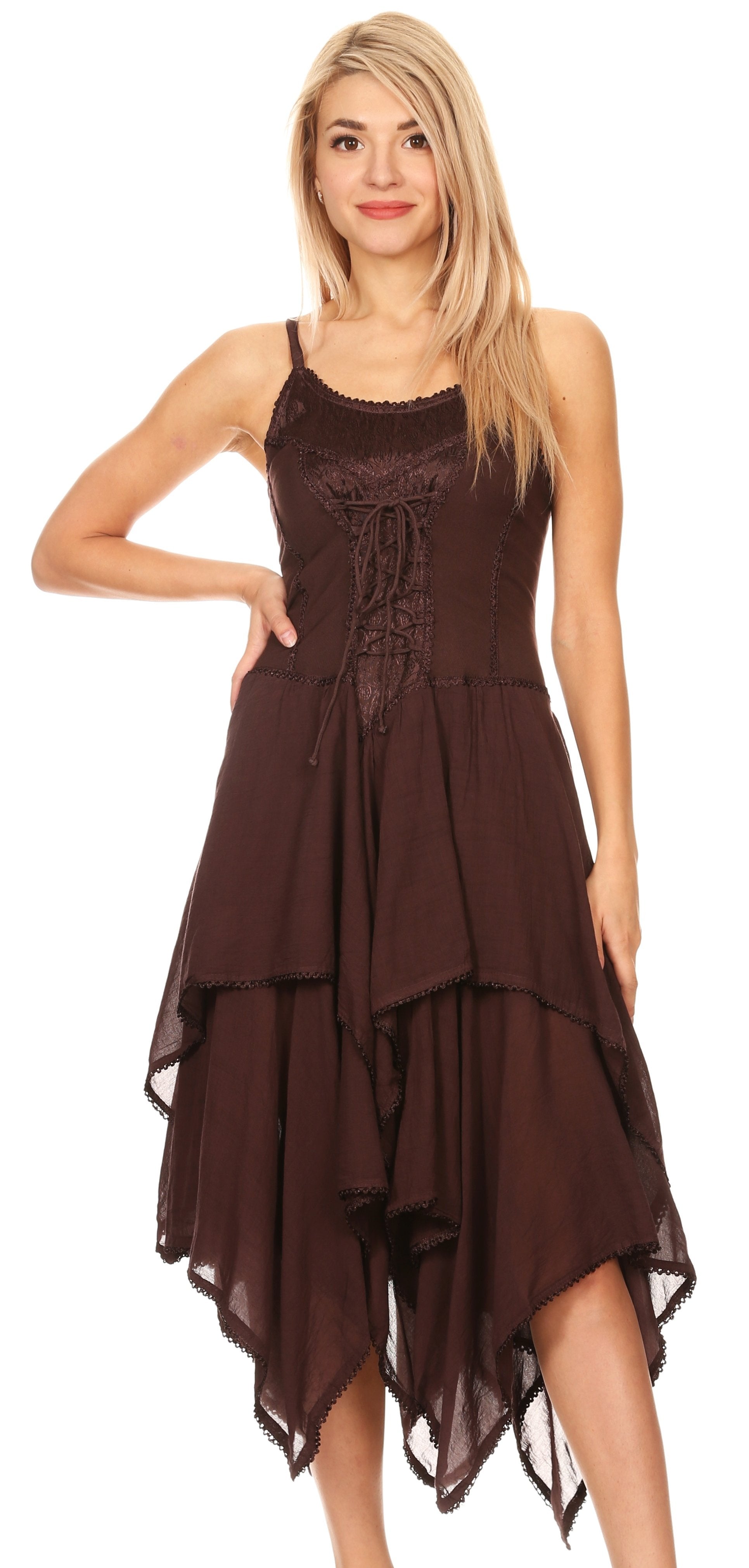 Woman wearing a brown dress with a white background