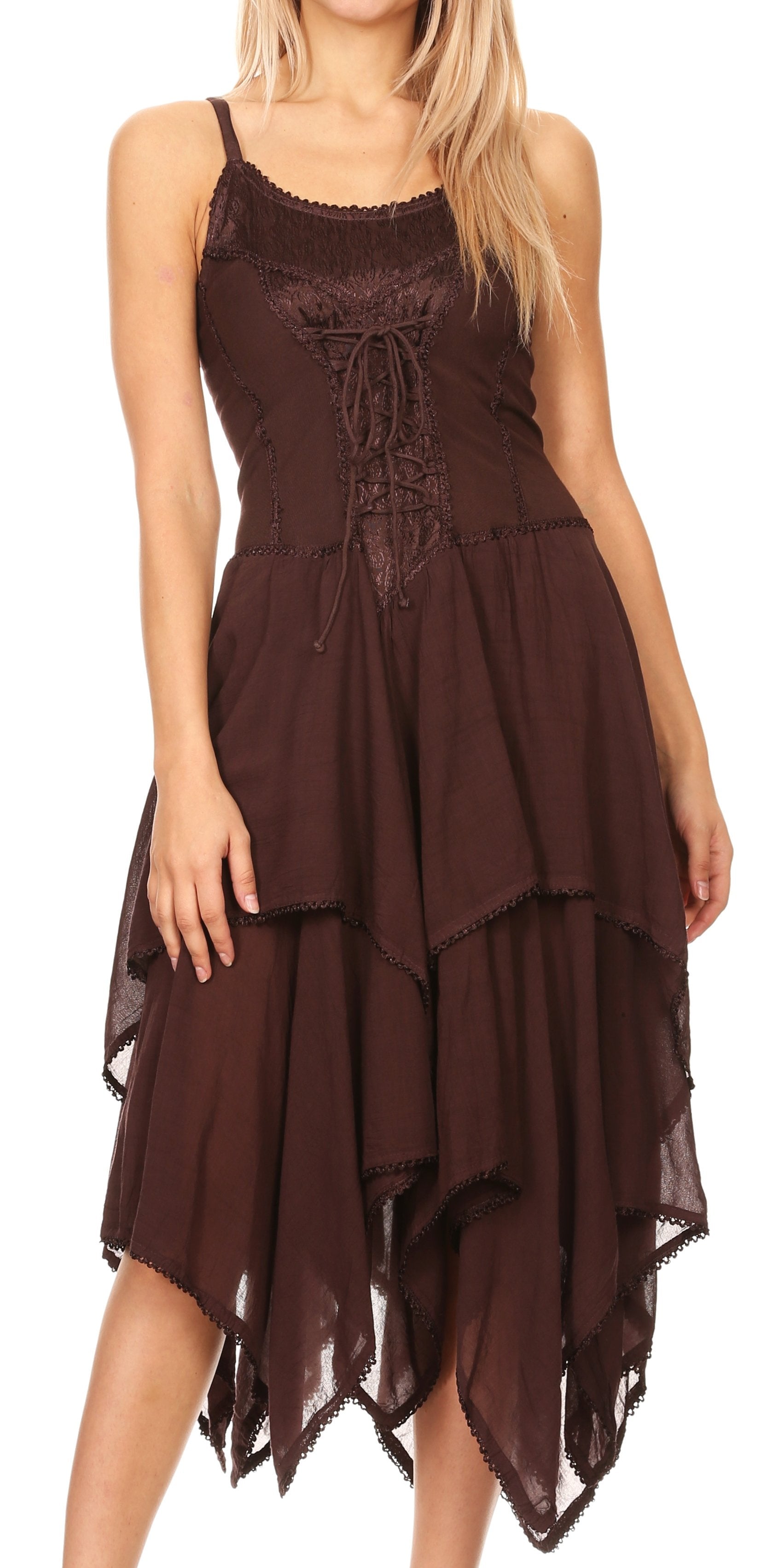 Brown dress with lace details on a white background