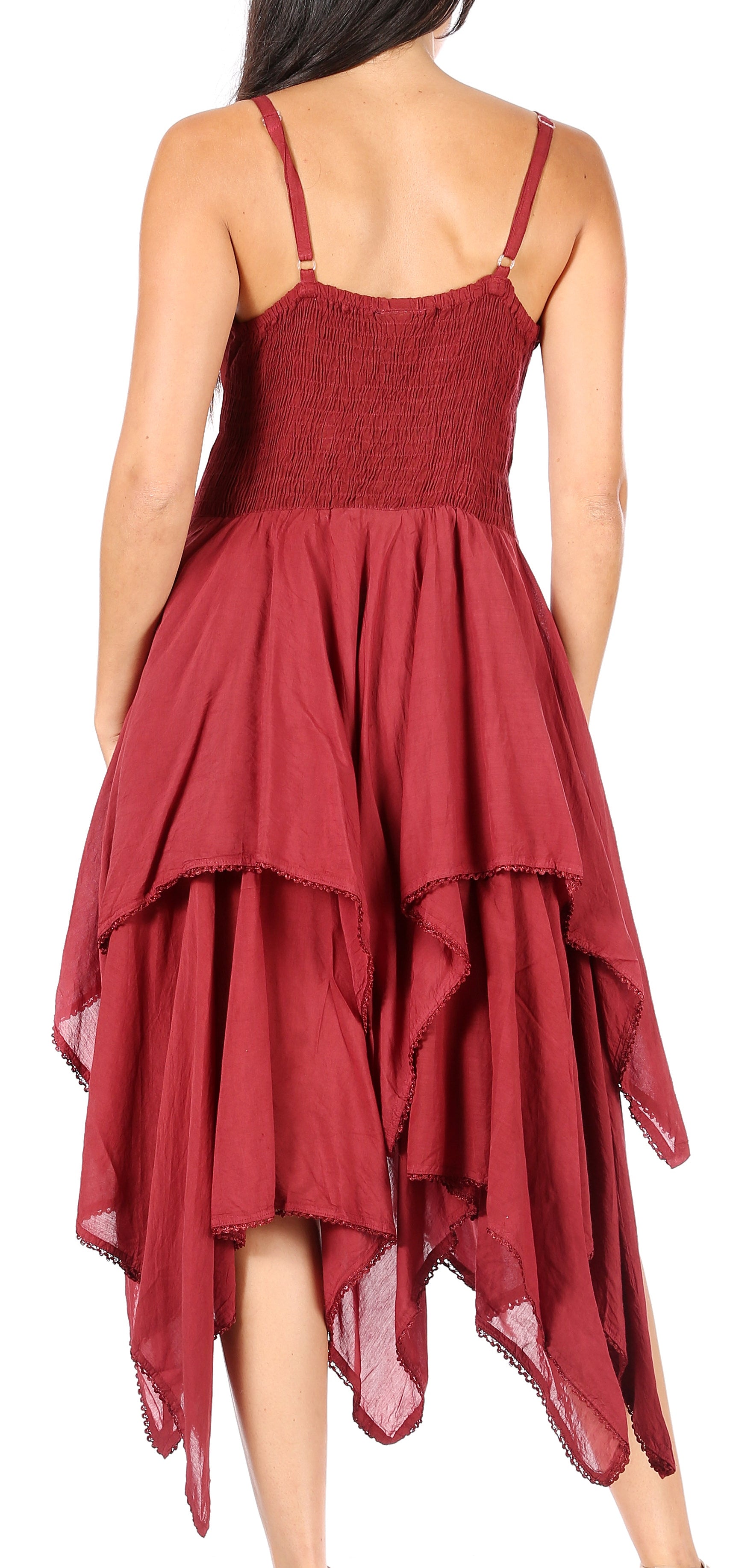 Red dress with a layered skirt and thin straps on a white background