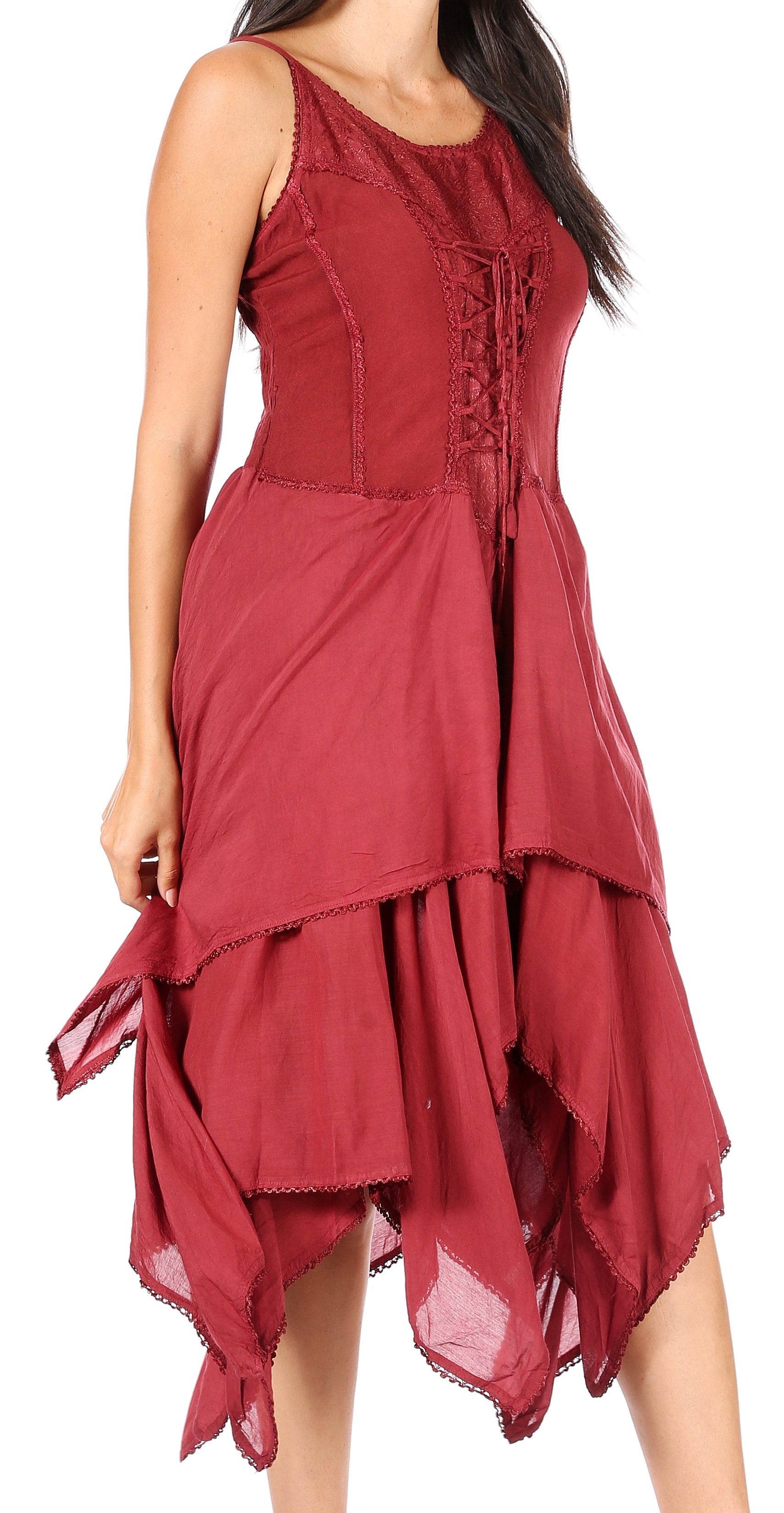 Red sleeveless dress with layered design on a white background