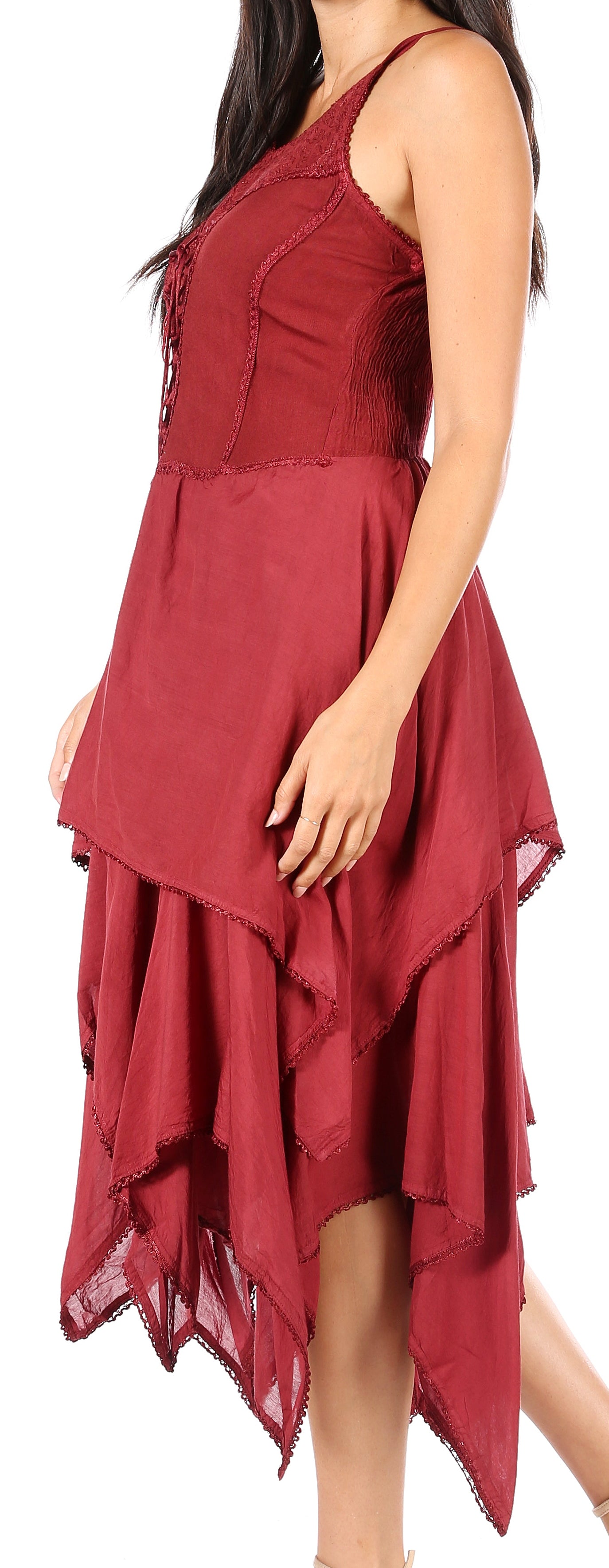 Red dress with a layered skirt on a white background