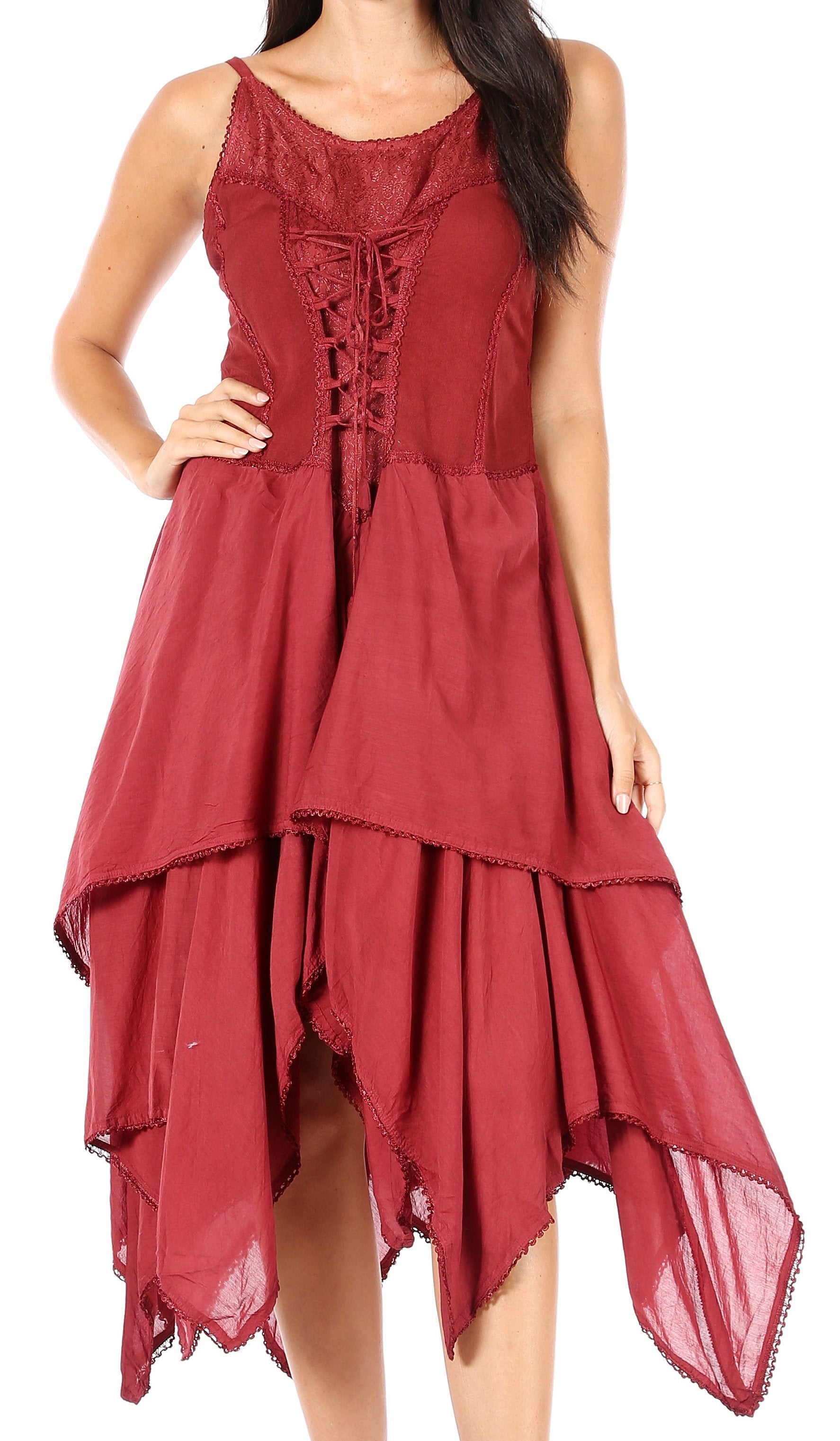 Red lace-up dress with layered skirt on a white background
