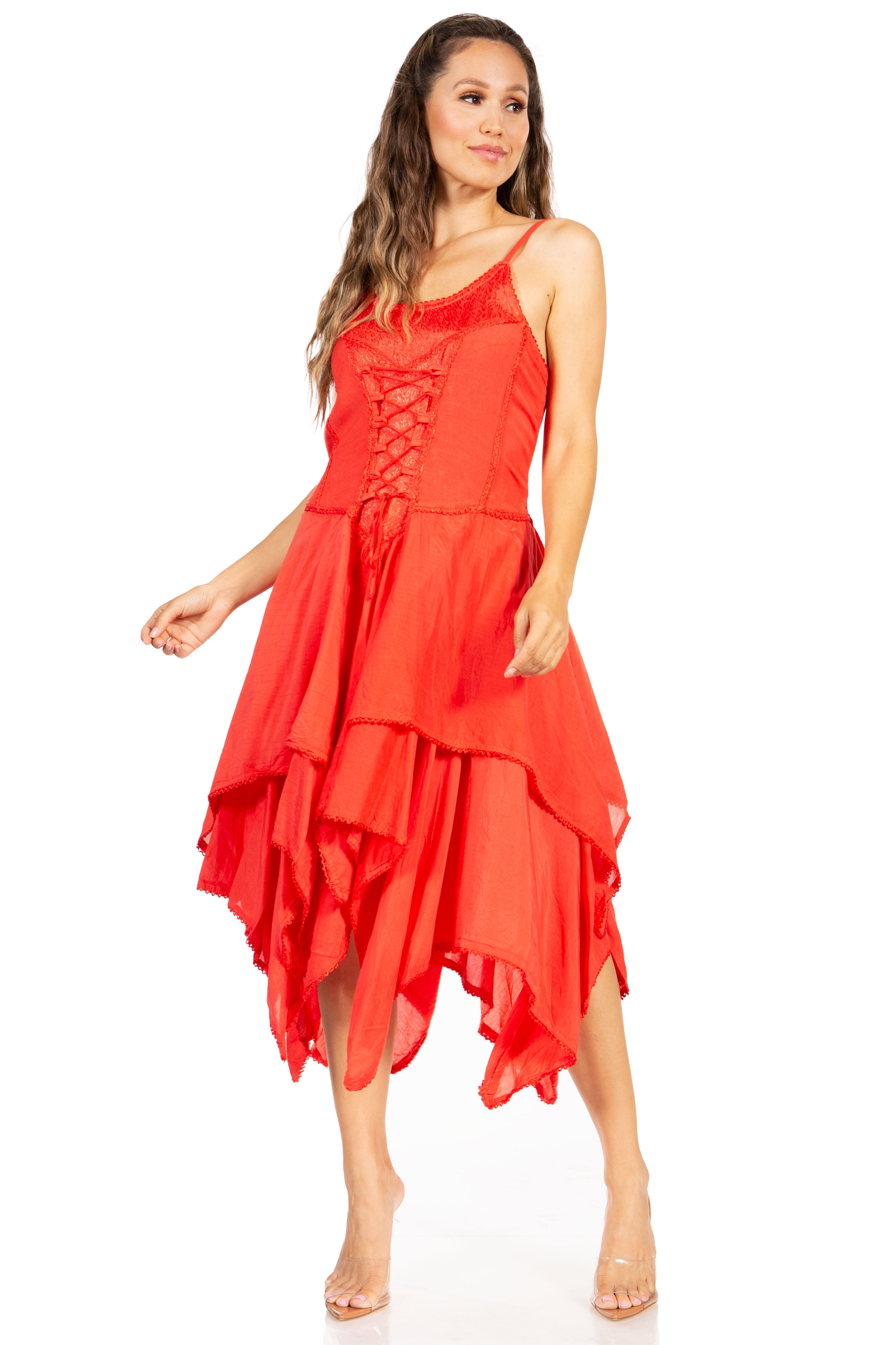 Woman wearing a red dress with a white background