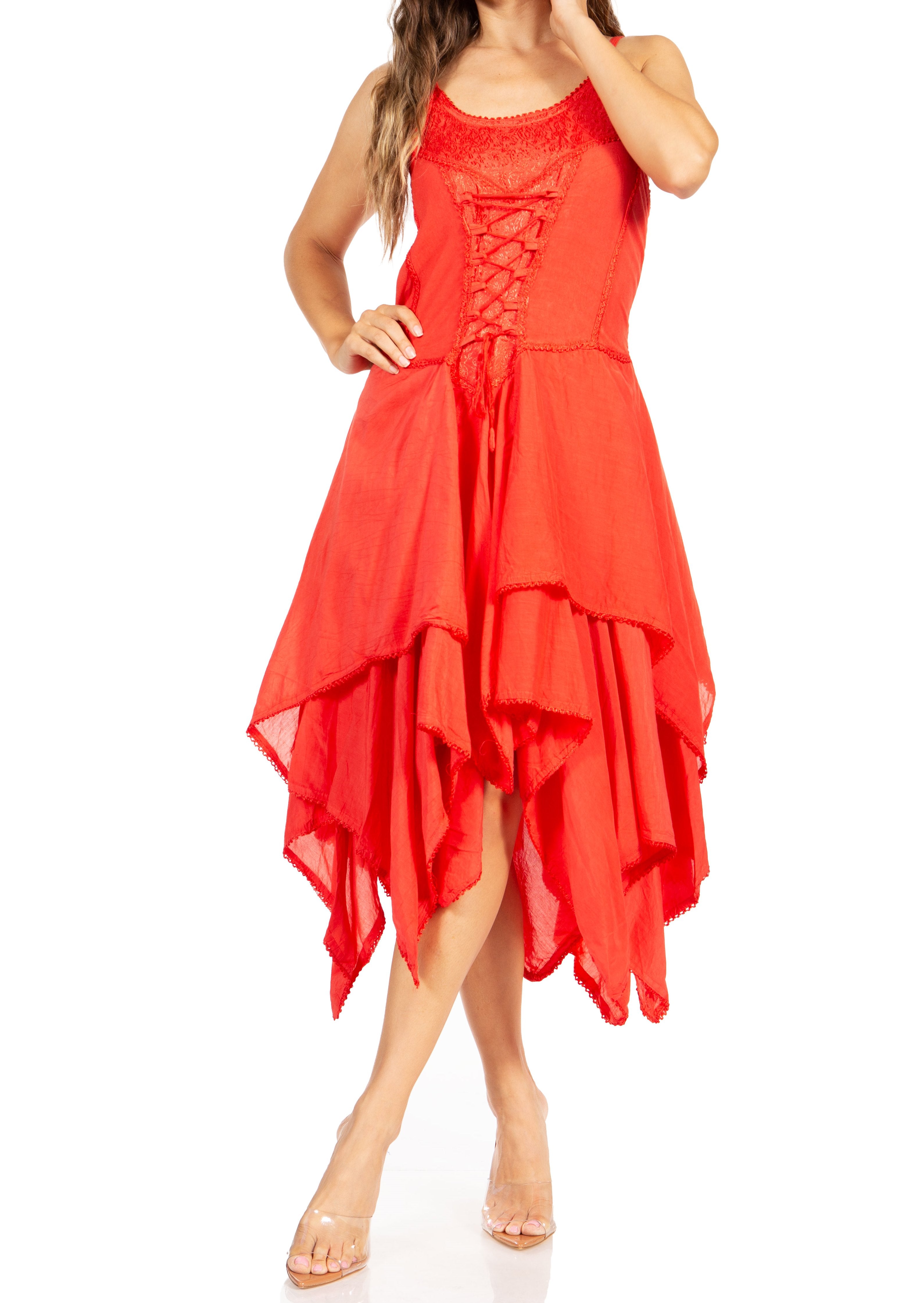 Red dress with lace-up front and layered skirt on a white background