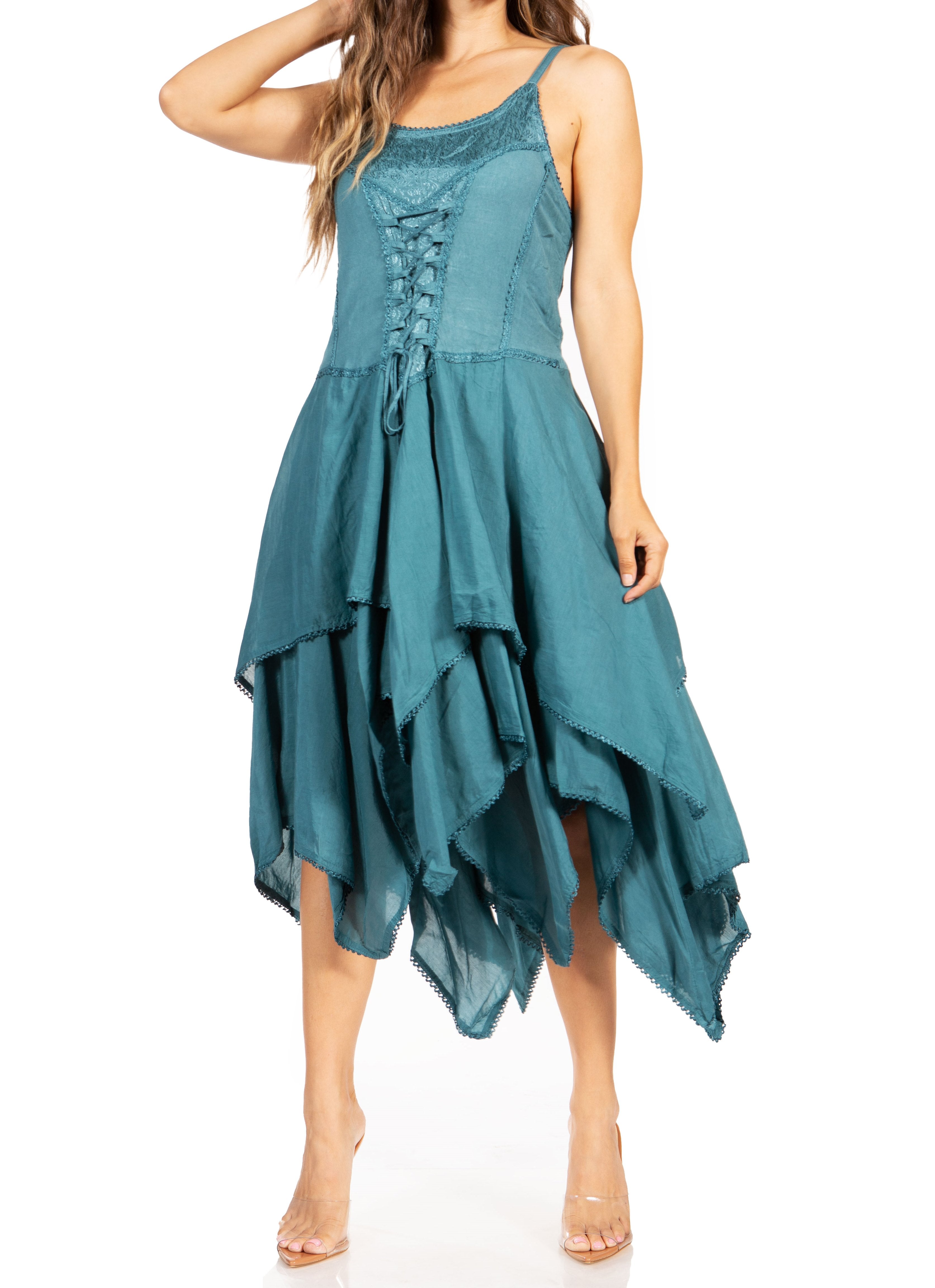 Teal dress with lace-up front and layered skirt on a white background