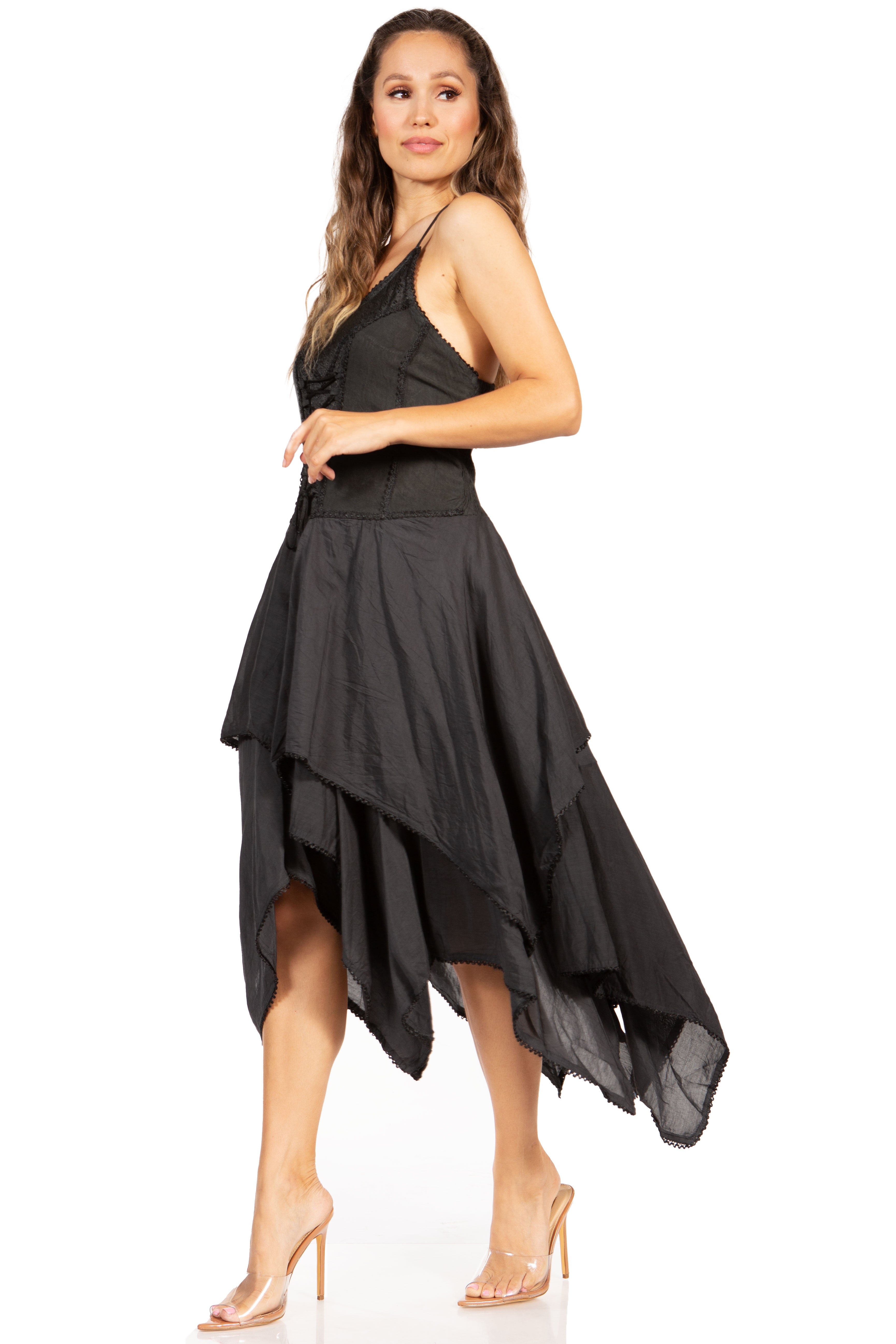 Woman wearing a black dress with a white background
