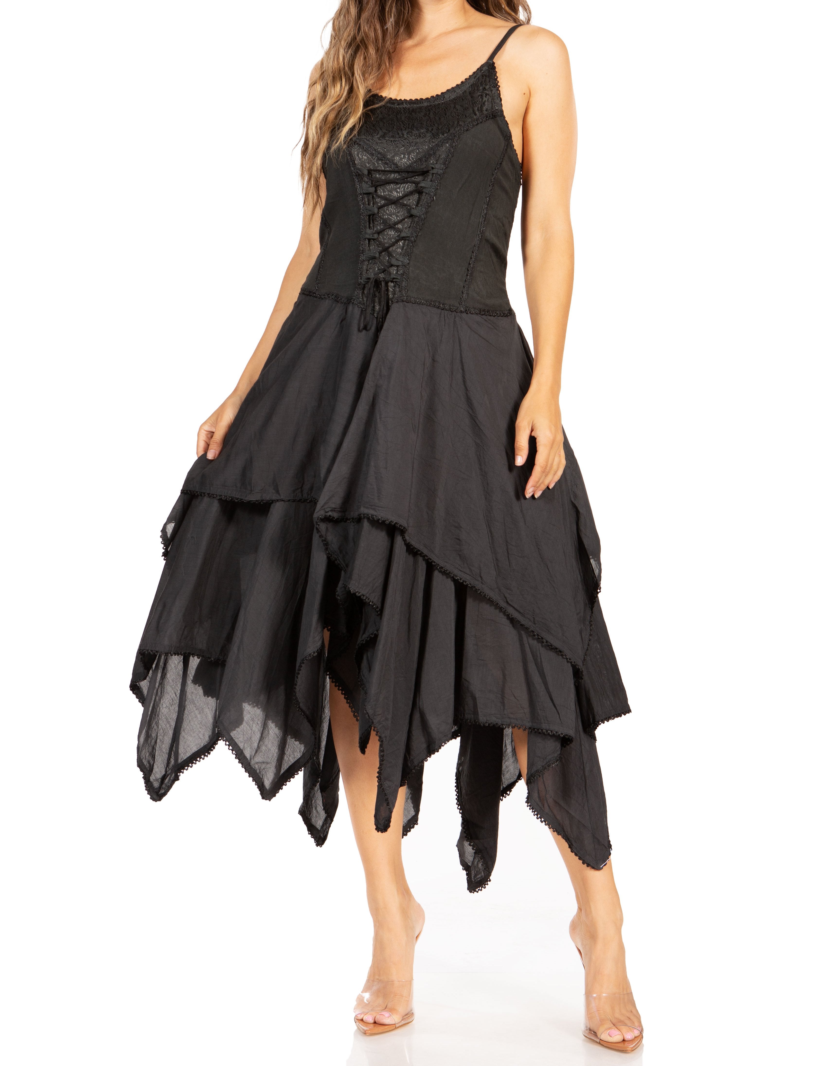 Black lace-up dress with ruffled layers on a white background